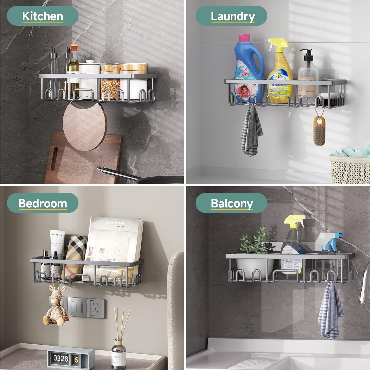 image:imageVeken Shower Caddy 6Pack Bathroom Organizers and Storage Shelves Black Advanced Rustproof Design Large Capacity No Drilling Adhesive Rack with Soap Holder WallMounted Kitchen amp Home DecorBright Silver