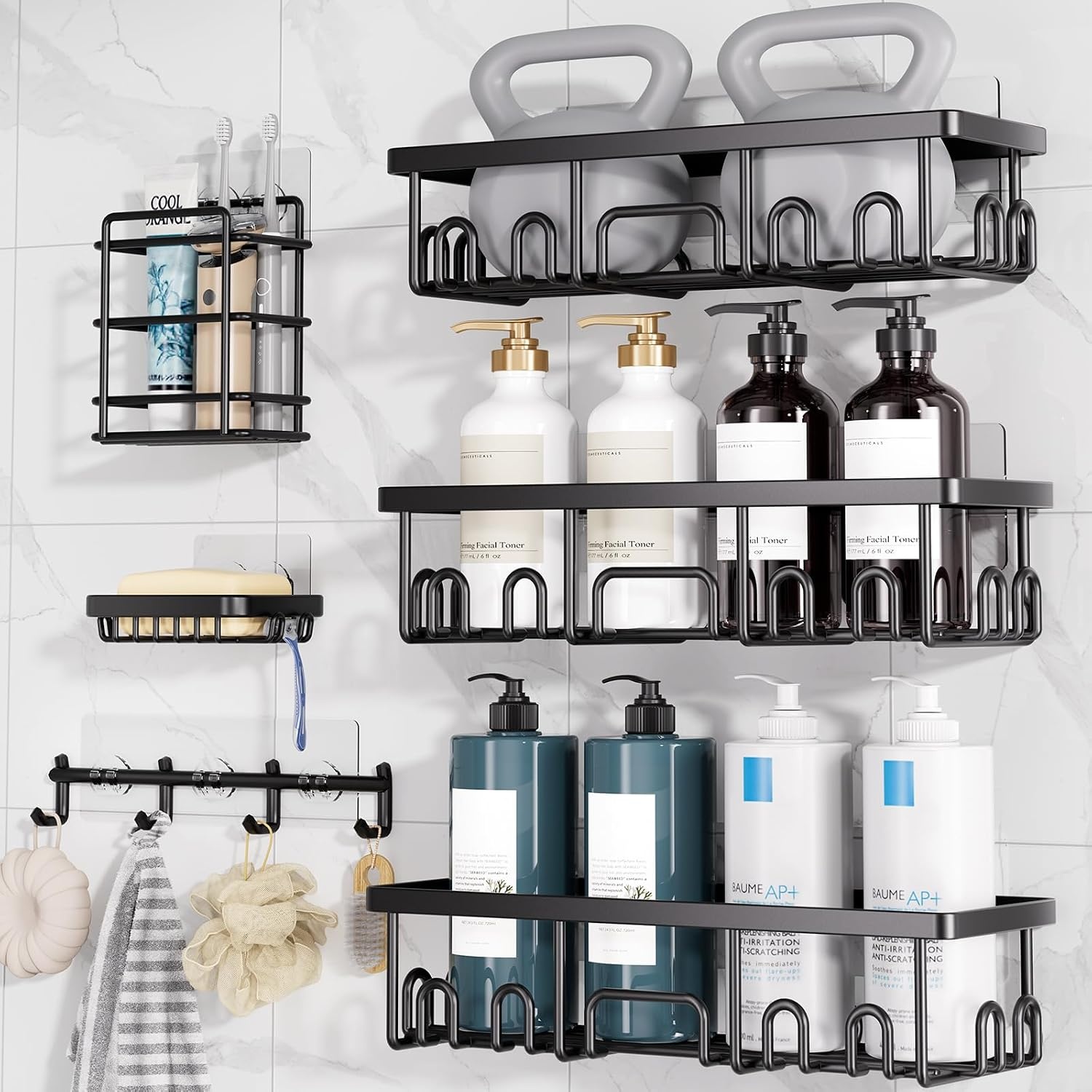 image:imageVeken Shower Caddy 6Pack Bathroom Organizers and Storage Shelves Black Advanced Rustproof Design Large Capacity No Drilling Adhesive Rack with Soap Holder WallMounted Kitchen amp Home DecorBlack
