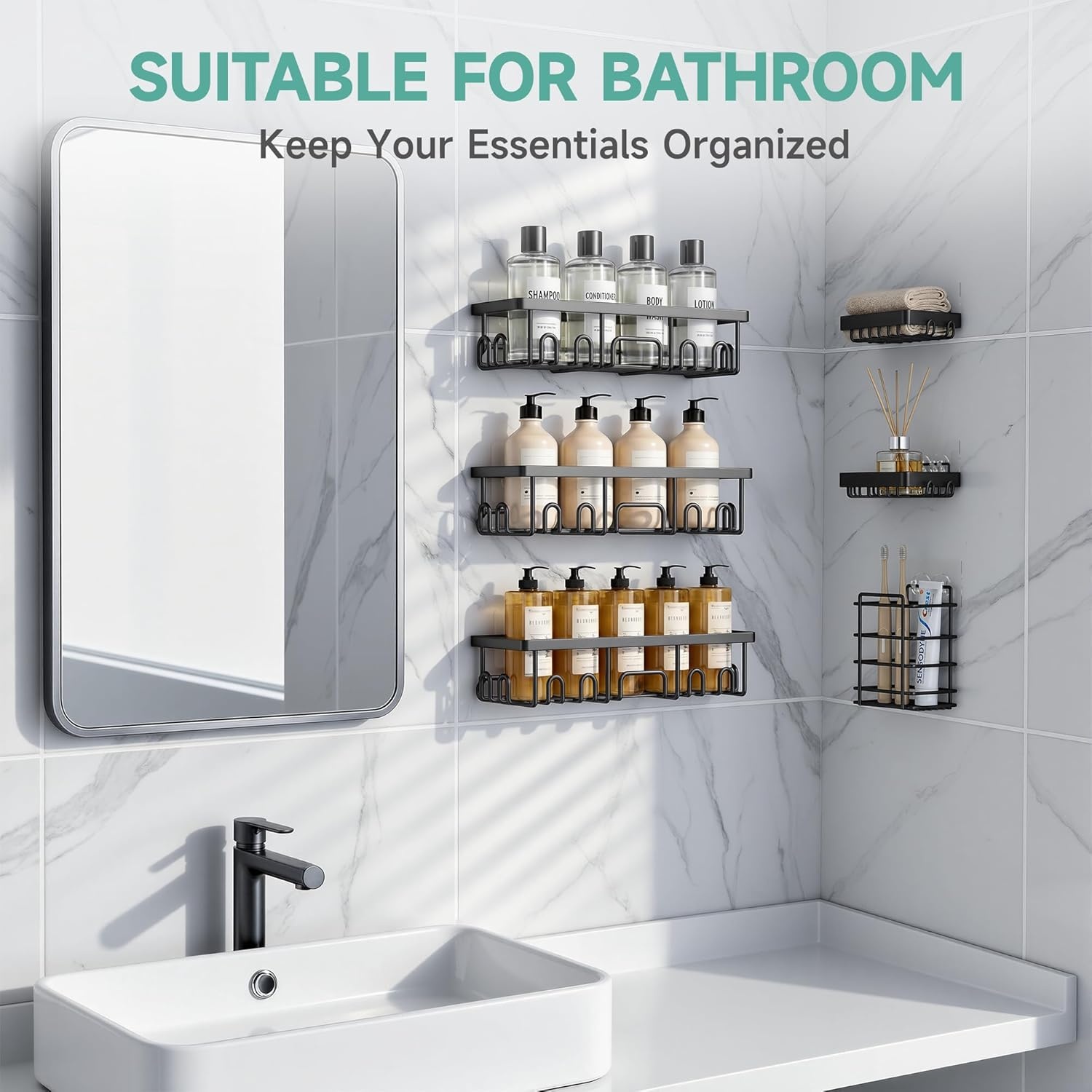 image:imageVeken Shower Caddy 6Pack Bathroom Organizers and Storage Shelves Black Advanced Rustproof Design Large Capacity No Drilling Adhesive Rack with Soap Holder WallMounted Kitchen amp Home DecorBlack