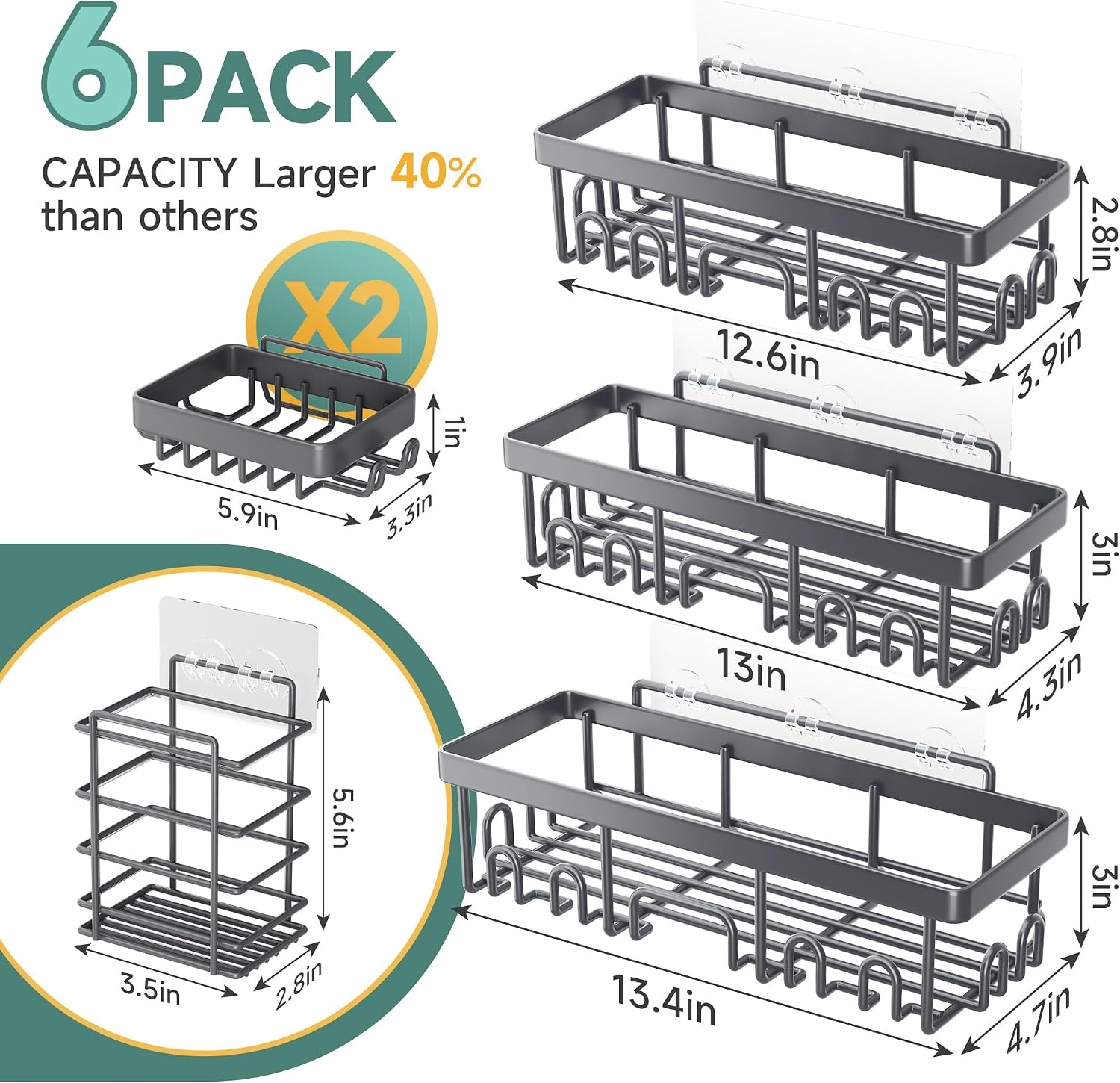 image:imageVeken Shower Caddy 6Pack Bathroom Organizers and Storage Shelves Black Advanced Rustproof Design Large Capacity No Drilling Adhesive Rack with Soap Holder WallMounted Kitchen amp Home DecorDark Grey