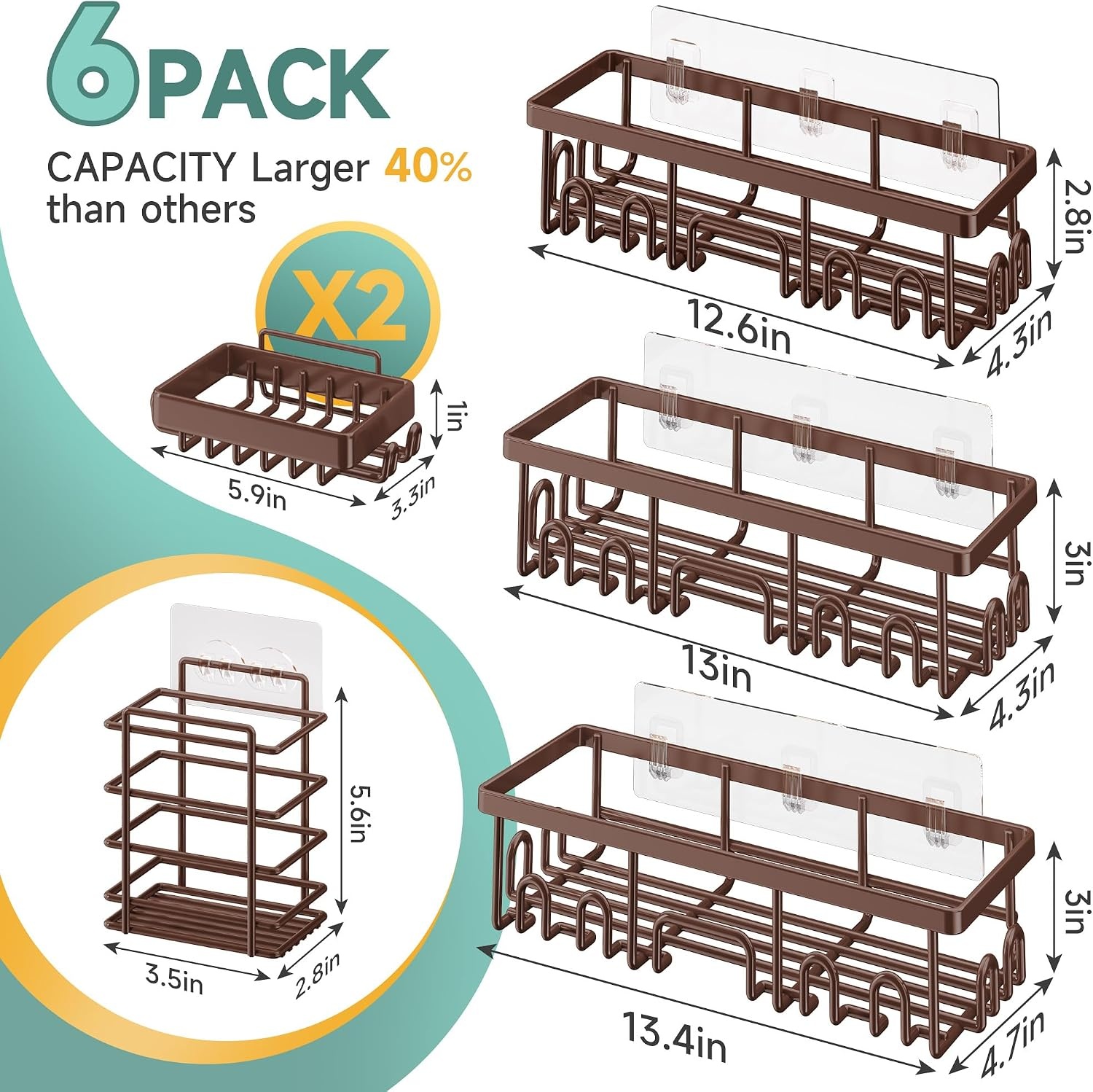 image:imageVeken Shower Caddy 6Pack Bathroom Organizers and Storage Shelves Black Advanced Rustproof Design Large Capacity No Drilling Adhesive Rack with Soap Holder WallMounted Kitchen amp Home DecorBrown