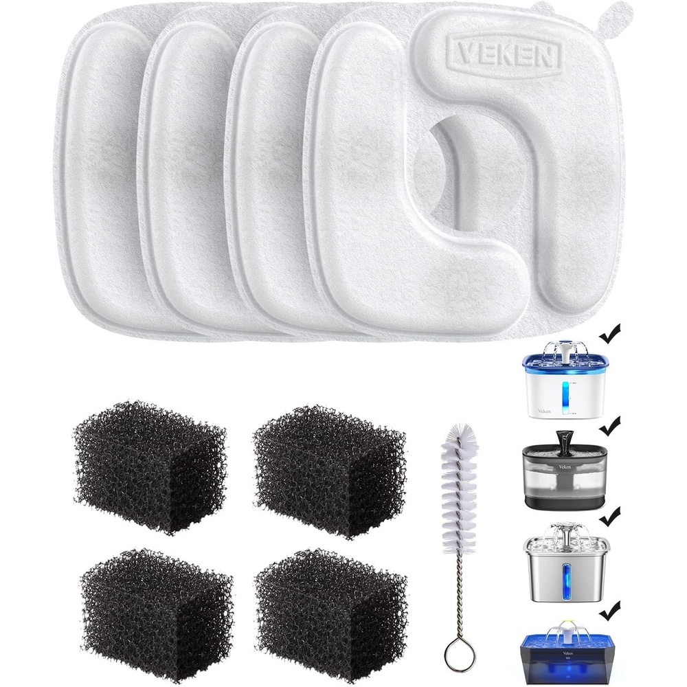 image:imageVeken Cat Water Fountain Filters 8 Pack Replacement Filters and 8 Pack Replacement PreFilter Sponges Set for 50oz 84oz 95oz or 108oz Automatic Pet Fountain Dog Water Dispenser4 Filters4 Sponges 2 month supply