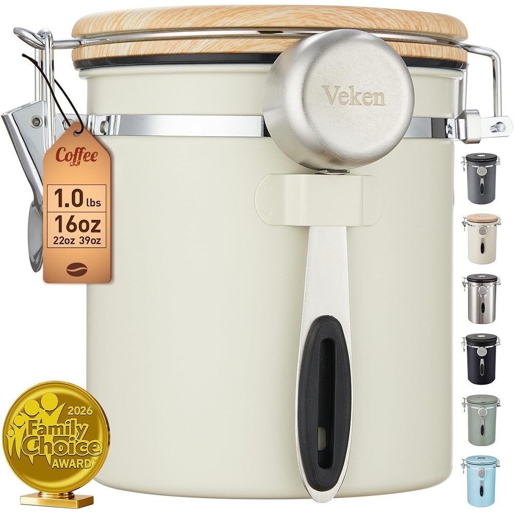 image:imageVeken Coffee Canister Airtight Stainless Steel Food Storage Container22OZ  Date Tracker Kitchen Jars for BeansGround Espresso RiceTea SugarCerealCookie Bar AccessoriesGifts Lids ScoopGrayCream