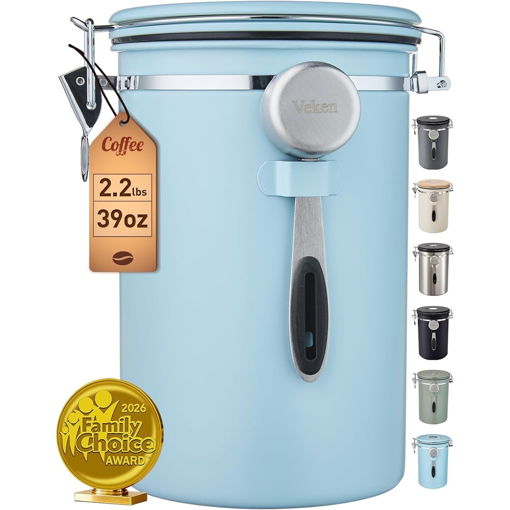 image:imageVeken Coffee Canister Airtight Stainless Steel Food Storage Container22OZ  Date Tracker Kitchen Jars for BeansGround Espresso RiceTea SugarCerealCookie Bar AccessoriesGifts Lids ScoopGrayLight Blue