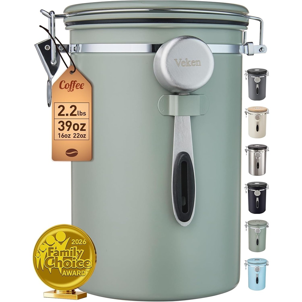 image:imageVeken Coffee Canister Airtight Stainless Steel Food Storage Container22OZ  Date Tracker Kitchen Jars for BeansGround Espresso RiceTea SugarCerealCookie Bar AccessoriesGifts Lids ScoopGrayGreen