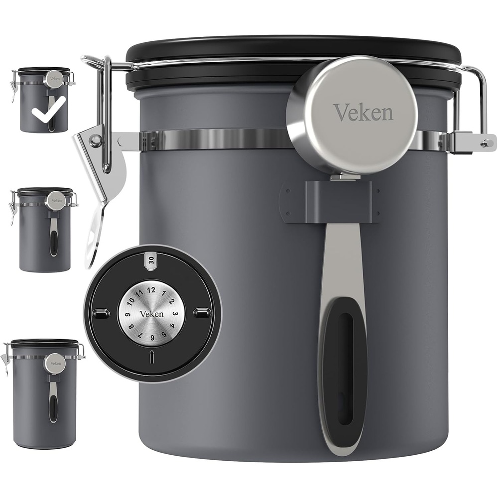 image:imageVeken Coffee Canister Airtight Stainless Steel Food Storage Container22OZ  Date Tracker Kitchen Jars for BeansGround Espresso RiceTea SugarCerealCookie Bar AccessoriesGifts Lids ScoopGrayGray