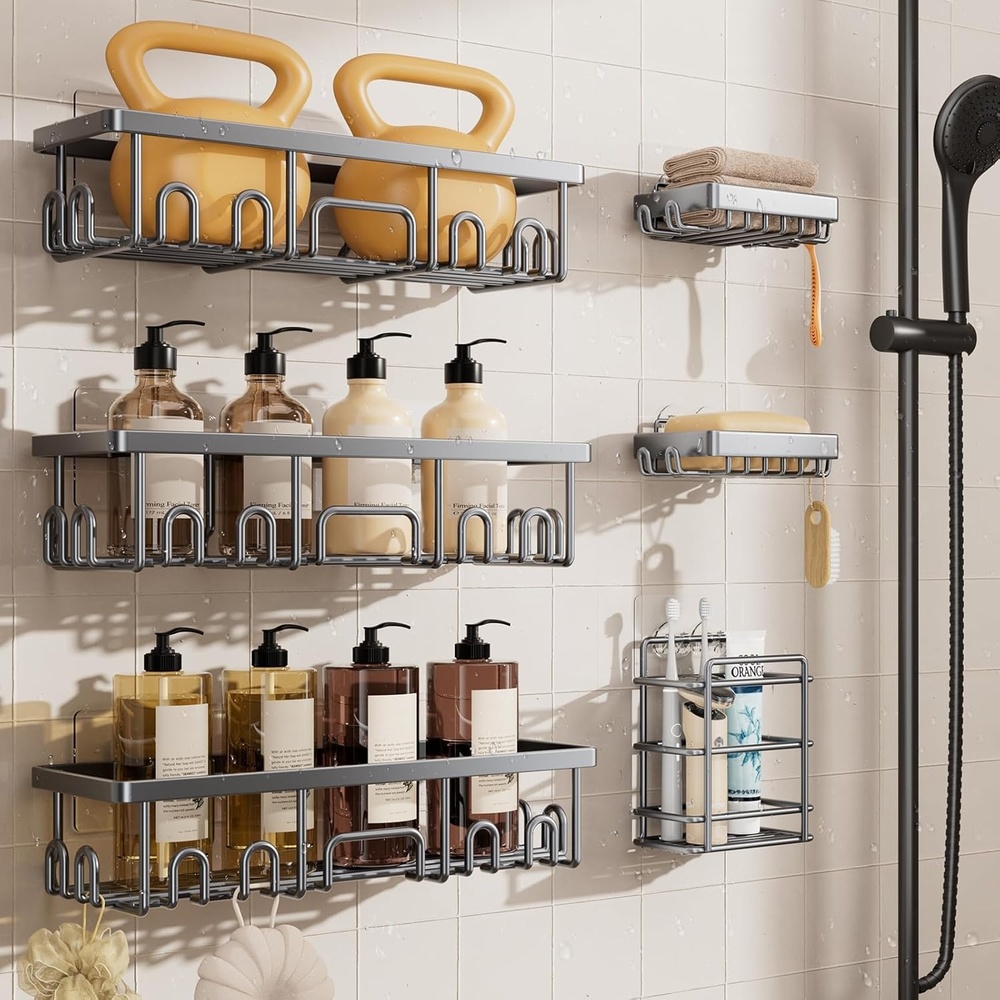 image:imageVeken Shower Caddy 6Pack Bathroom Organizers and Storage Shelves Black Advanced Rustproof Design Large Capacity No Drilling Adhesive Rack with Soap Holder WallMounted Kitchen amp Home DecorBright Silver