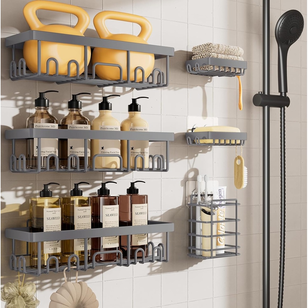 image:imageVeken Shower Caddy 6Pack Bathroom Organizers and Storage Shelves Black Advanced Rustproof Design Large Capacity No Drilling Adhesive Rack with Soap Holder WallMounted Kitchen amp Home DecorLight Gray