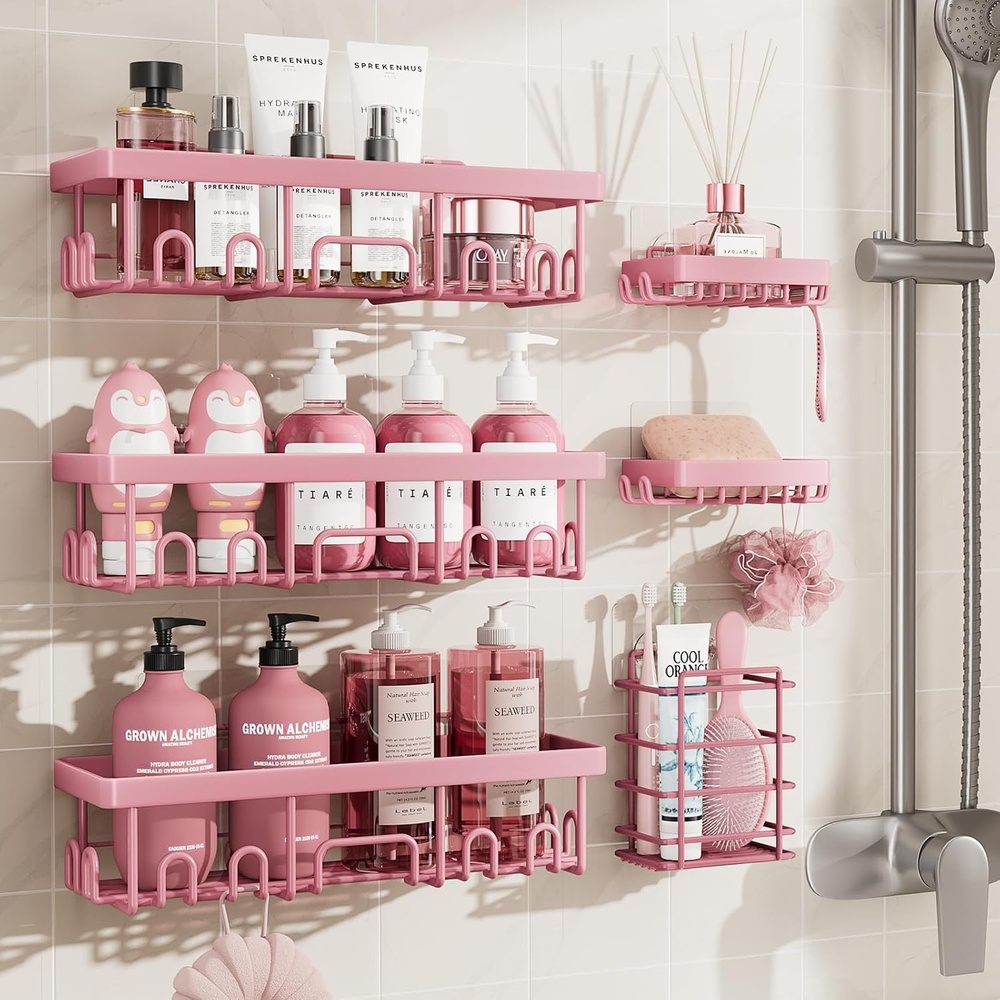 image:imageVeken Shower Caddy 6Pack Bathroom Organizers and Storage Shelves Black Advanced Rustproof Design Large Capacity No Drilling Adhesive Rack with Soap Holder WallMounted Kitchen amp Home DecorPink