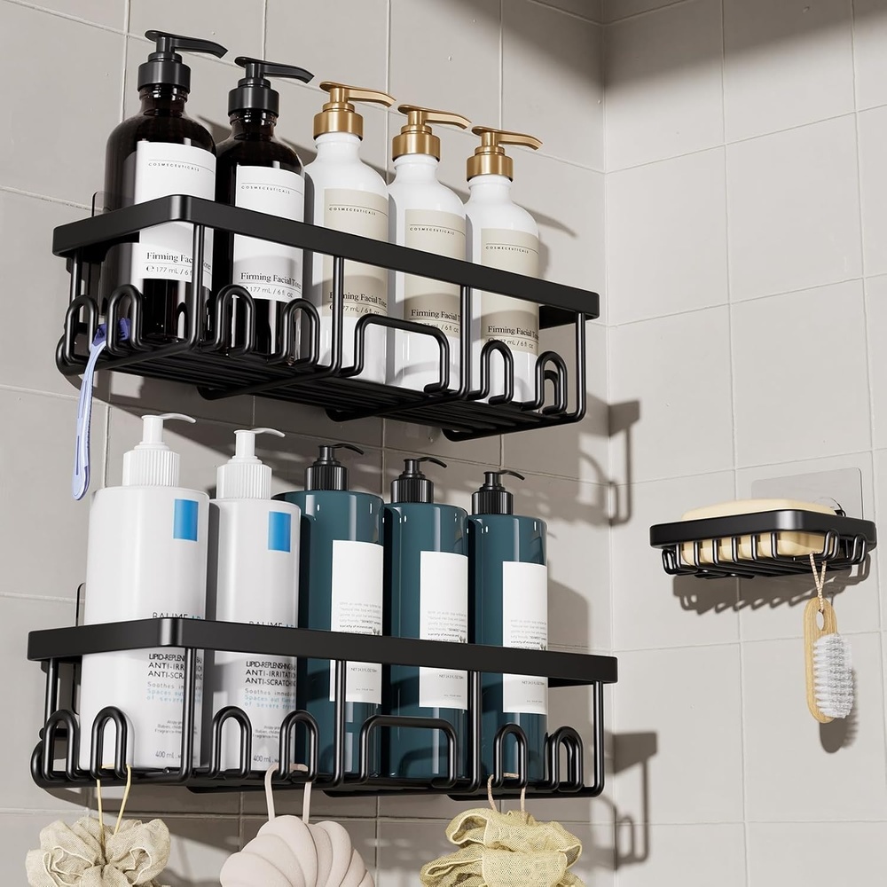 image:imageVeken Shower Caddy 6Pack Bathroom Organizers and Storage Shelves Black Advanced Rustproof Design Large Capacity No Drilling Adhesive Rack with Soap Holder WallMounted Kitchen amp Home DecorBlack