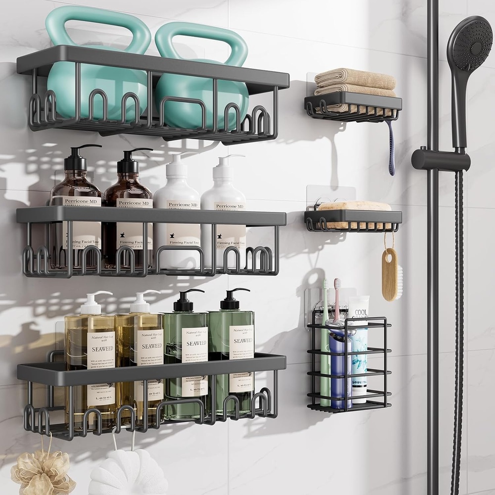image:imageVeken Shower Caddy 6Pack Bathroom Organizers and Storage Shelves Black Advanced Rustproof Design Large Capacity No Drilling Adhesive Rack with Soap Holder WallMounted Kitchen amp Home DecorDark Grey