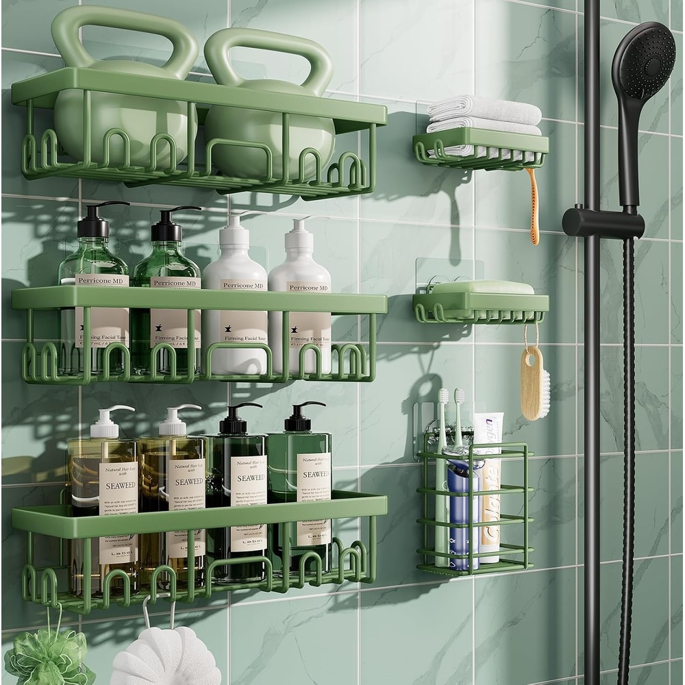 image:imageVeken Shower Caddy 6Pack Bathroom Organizers and Storage Shelves Black Advanced Rustproof Design Large Capacity No Drilling Adhesive Rack with Soap Holder WallMounted Kitchen amp Home DecorGreen