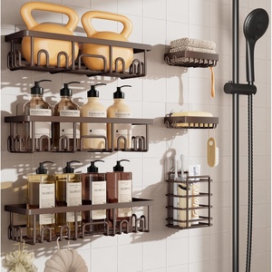 Veken Shower Caddy 6-Pack, Bathroom Organizers and Storage Shelves, Black | Advanced Rustproof Design, Large Capacity, No Drilling, Adhesive Rack with Soap Holder, Wall-Mounted Kitchen & Home Decor(Brown)
