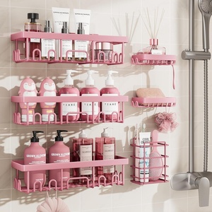 Veken Shower Caddy 6-Pack, Bathroom Organizers and Storage Shelves, Black | Advanced Rustproof Design, Large Capacity, No Drilling, Adhesive Rack with Soap Holder, Wall-Mounted Kitchen & Home Decor(Pink)