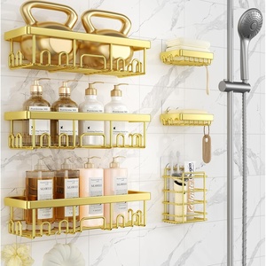 Veken Shower Caddy 6-Pack, Bathroom Organizers and Storage Shelves, Black | Advanced Rustproof Design, Large Capacity, No Drilling, Adhesive Rack with Soap Holder, Wall-Mounted Kitchen & Home Decor(Bright Gold)