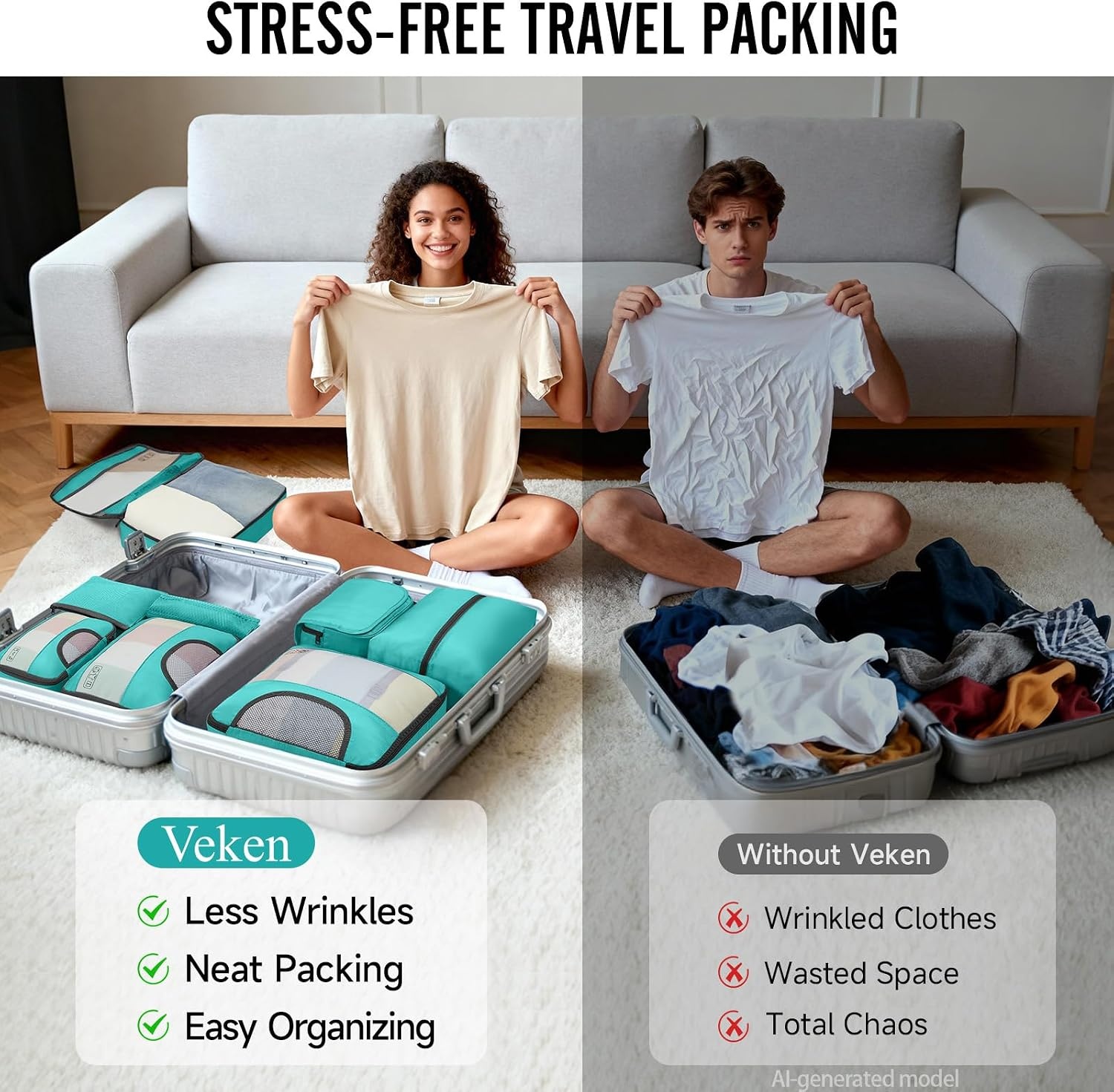 image:imageVeken 10 Set Packing Cubes for Travel Essentials Suitcase Organizer Bags in 4 Sizes CarryOn Luggage Accessories with Laundry Bag Airplane Must Have with 99Count Mesh HolesTeal