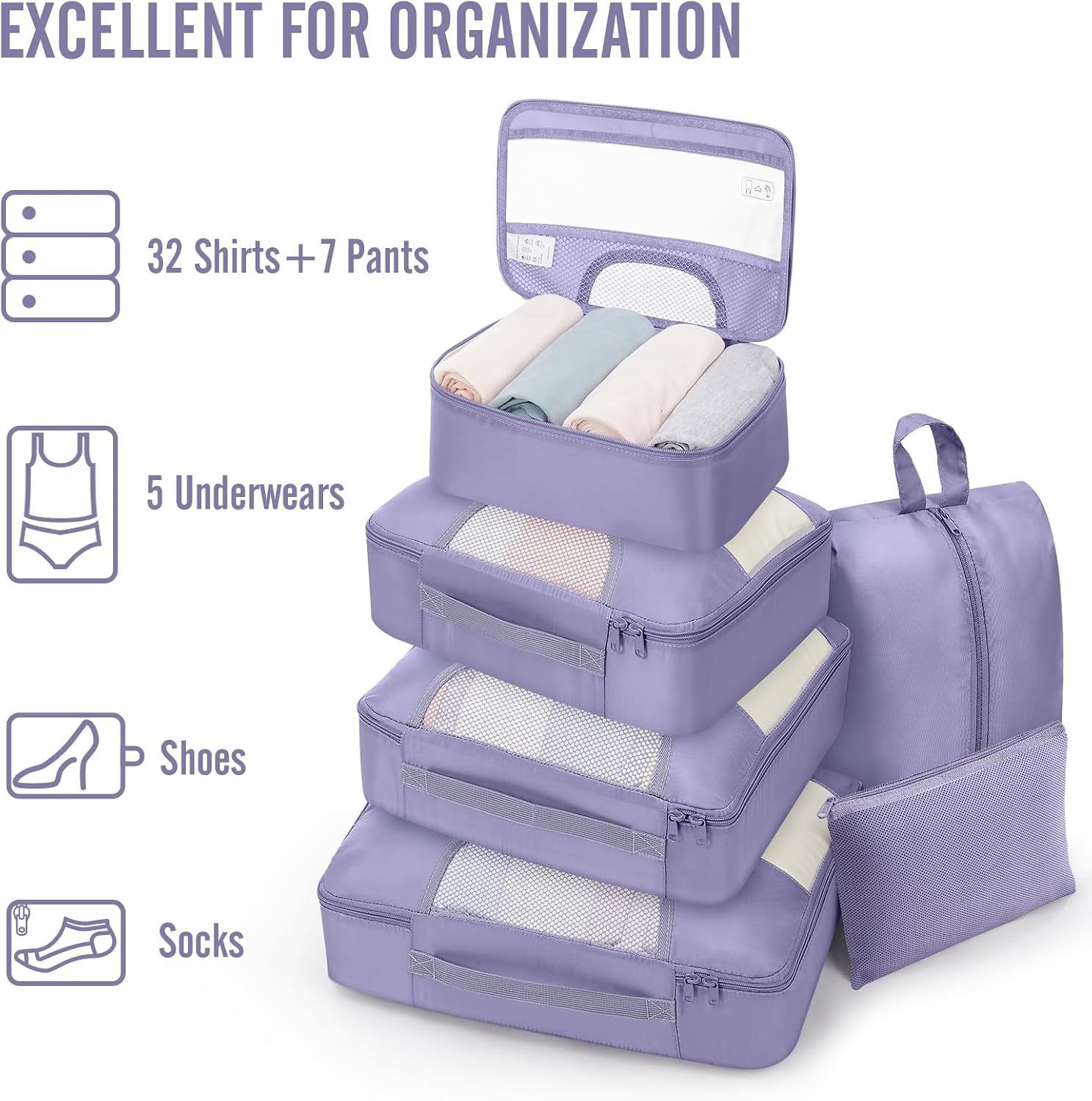 image:imageVeken 10 Set Packing Cubes for Travel Essentials Suitcase Organizer Bags in 4 Sizes CarryOn Luggage Accessories with Laundry Bag Airplane Must Have with 99Count Mesh Holes04 Purple Gray