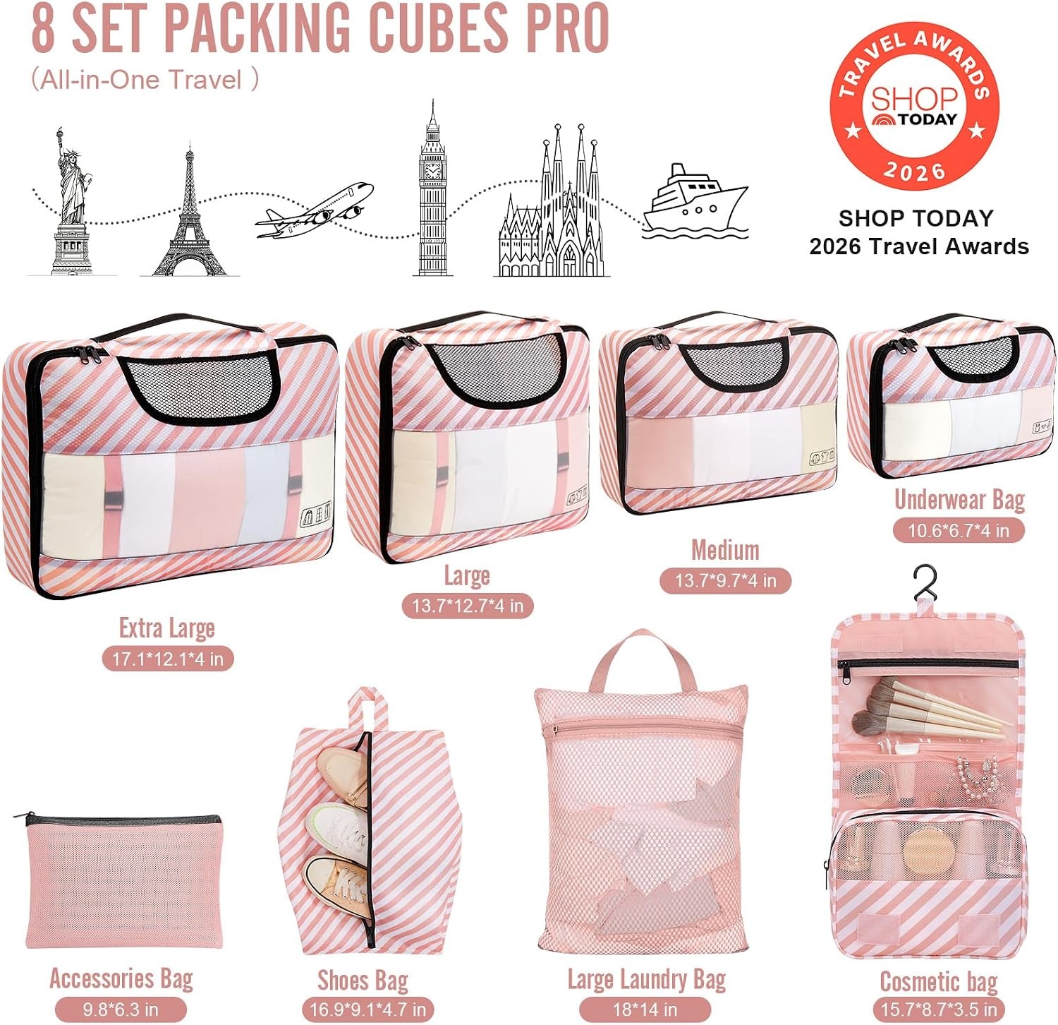 image:imageVeken 10 Set Packing Cubes for Travel Essentials Suitcase Organizer Bags in 4 Sizes CarryOn Luggage Accessories with Laundry Bag Airplane Must Have with 99Count Mesh Holes09 Pink Straps