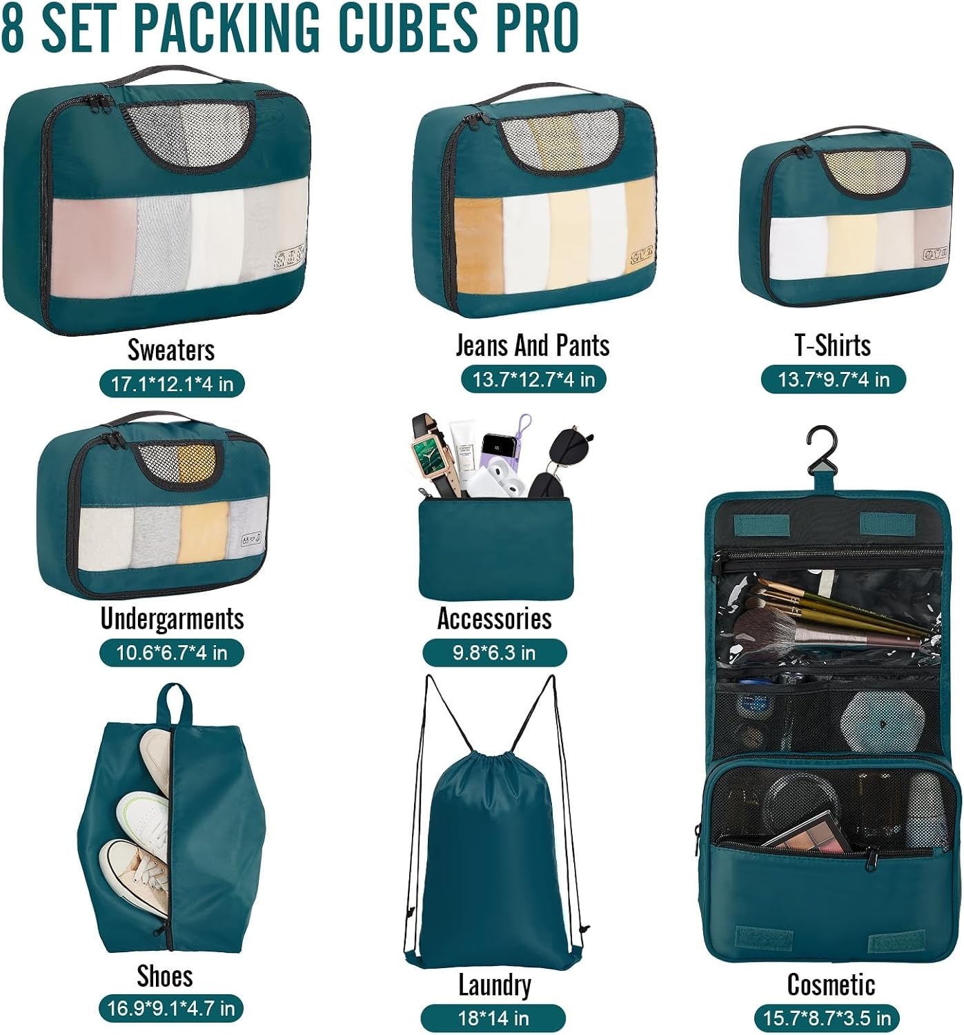 image:imageVeken 10 Set Packing Cubes for Travel Essentials Suitcase Organizer Bags in 4 Sizes CarryOn Luggage Accessories with Laundry Bag Airplane Must Have with 99Count Mesh Holes03 Deep Teal