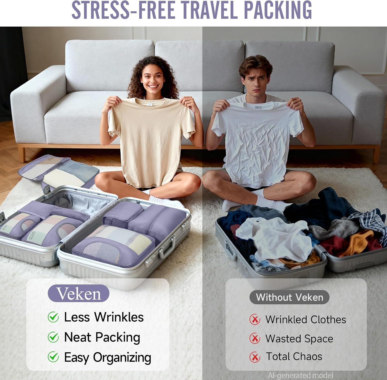 image:imageVeken 10 Set Packing Cubes for Travel Essentials Suitcase Organizer Bags in 4 Sizes CarryOn Luggage Accessories with Laundry Bag Airplane Must Have with 99Count Mesh Holes04 Purple Gray