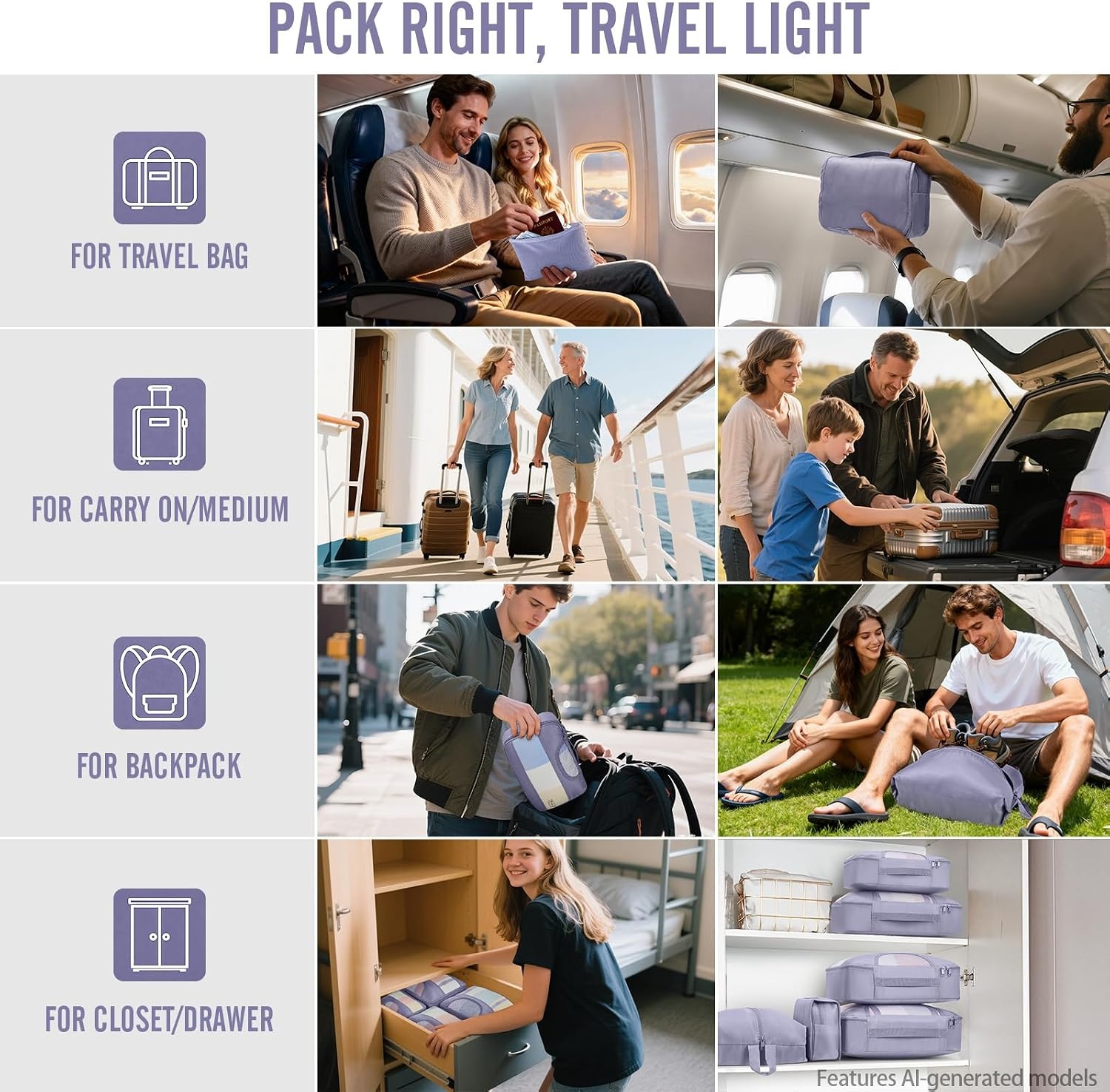 image:imageVeken 10 Set Packing Cubes for Travel Essentials Suitcase Organizer Bags in 4 Sizes CarryOn Luggage Accessories with Laundry Bag Airplane Must Have with 99Count Mesh Holes04 Purple Gray
