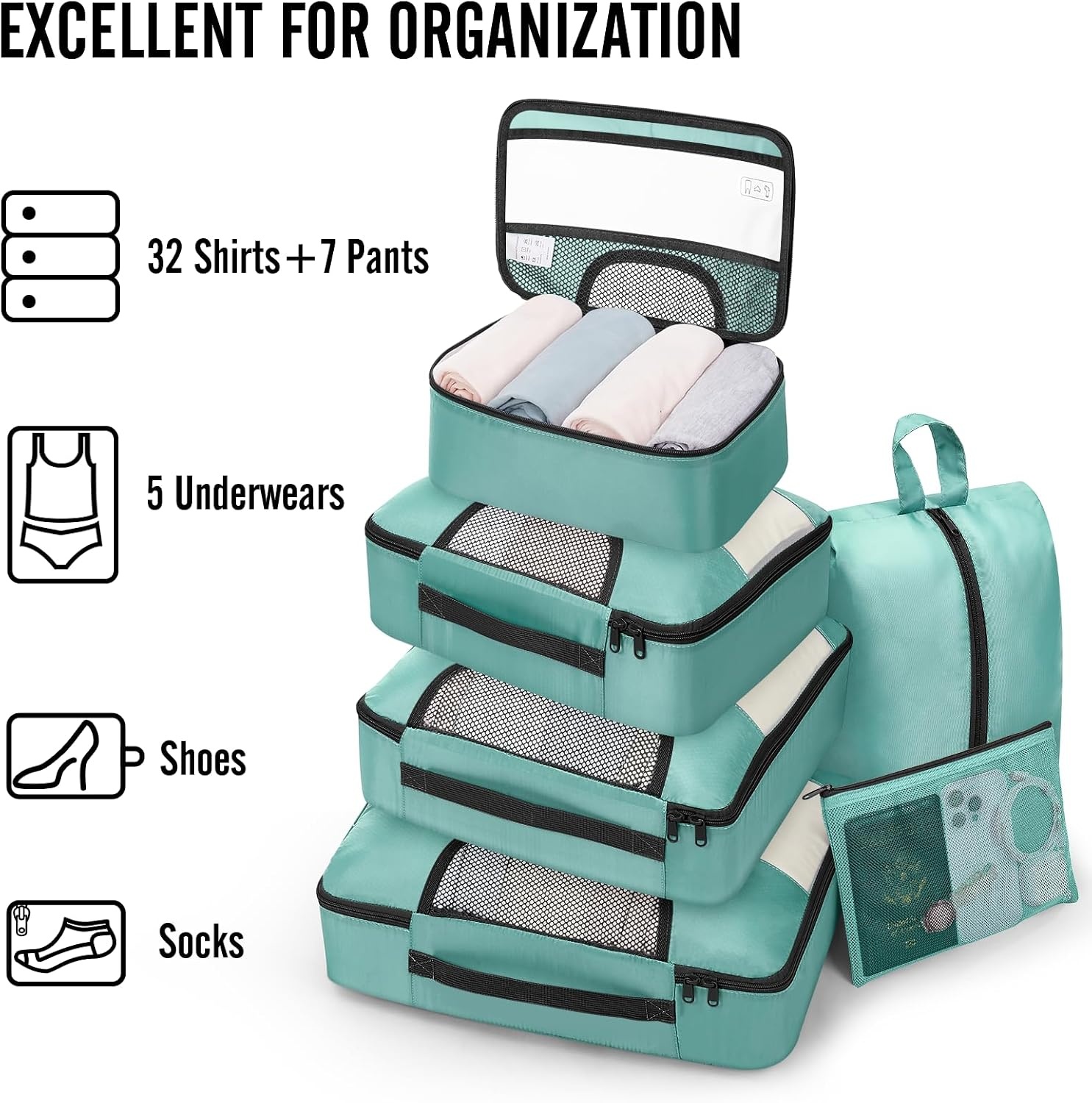 image:imageVeken 10 Set Packing Cubes for Travel Essentials Suitcase Organizer Bags in 4 Sizes CarryOn Luggage Accessories with Laundry Bag Airplane Must Have with 99Count Mesh Holes08 Light Teal