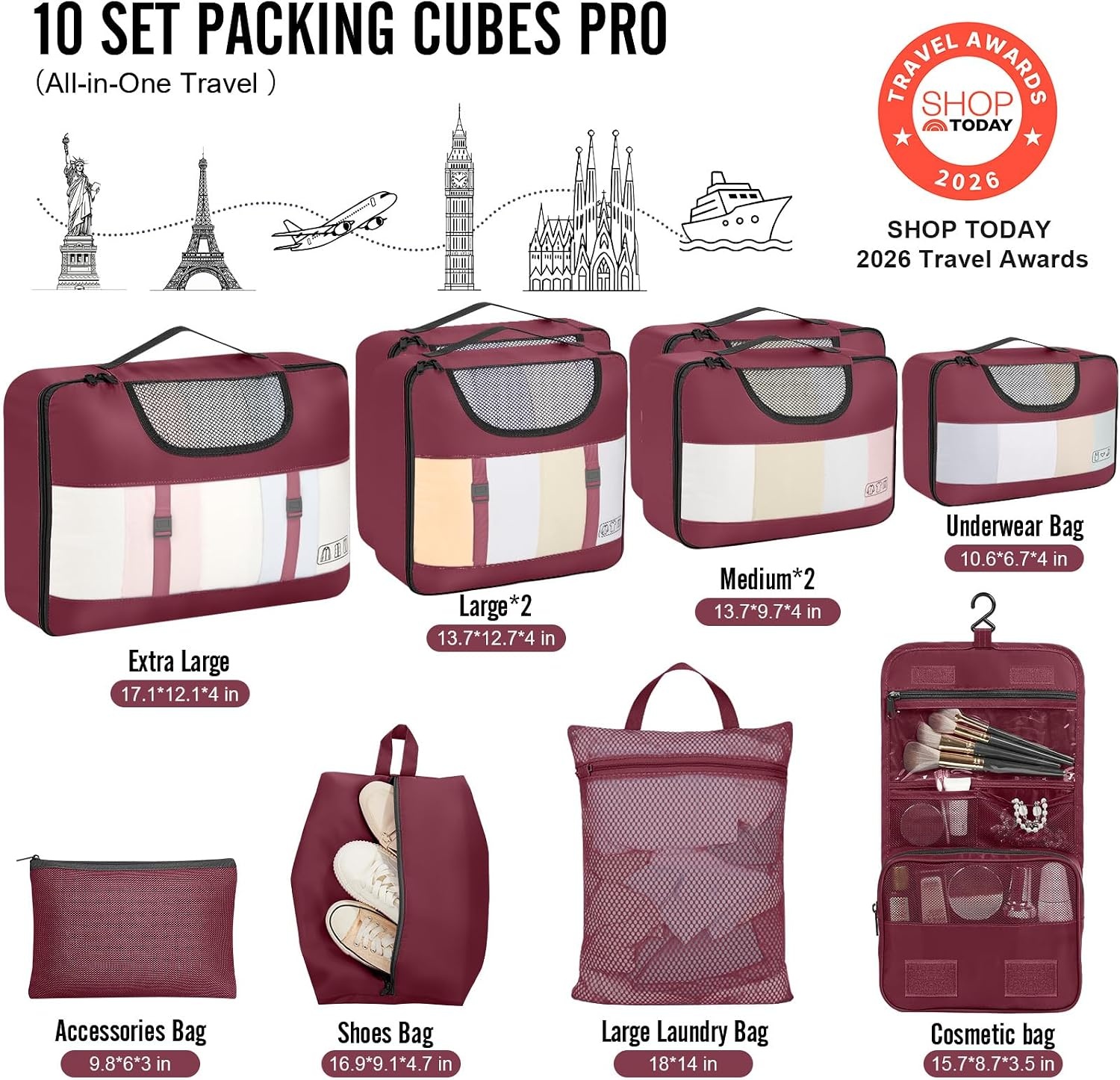 image:imageVeken 10 Set Packing Cubes for Travel Essentials Suitcase Organizer Bags in 4 Sizes CarryOn Luggage Accessories with Laundry Bag Airplane Must Have with 99Count Mesh Holes12 Wine Red