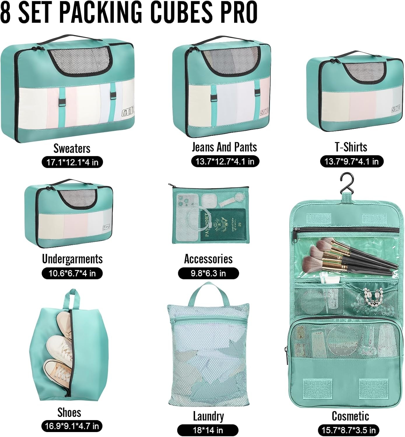 image:imageVeken 10 Set Packing Cubes for Travel Essentials Suitcase Organizer Bags in 4 Sizes CarryOn Luggage Accessories with Laundry Bag Airplane Must Have with 99Count Mesh Holes08 Light Teal