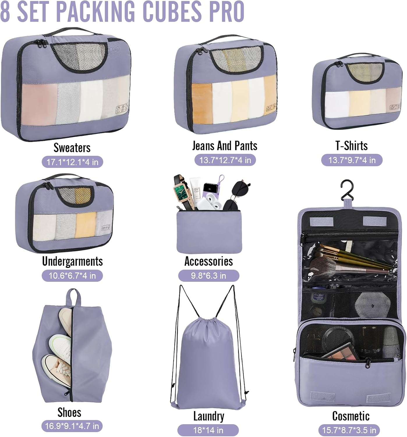 image:imageVeken 10 Set Packing Cubes for Travel Essentials Suitcase Organizer Bags in 4 Sizes CarryOn Luggage Accessories with Laundry Bag Airplane Must Have with 99Count Mesh Holes04 Purple Gray