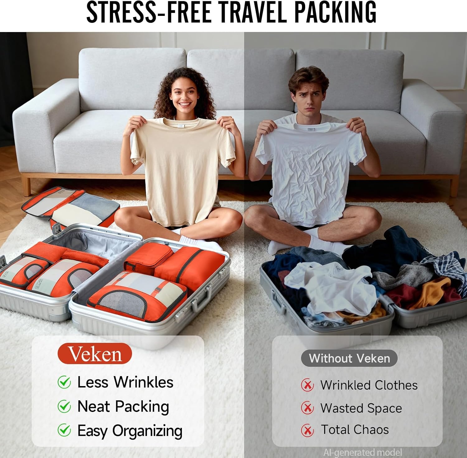 image:imageVeken 10 Set Packing Cubes for Travel Essentials Suitcase Organizer Bags in 4 Sizes CarryOn Luggage Accessories with Laundry Bag Airplane Must Have with 99Count Mesh Holes13 Orange