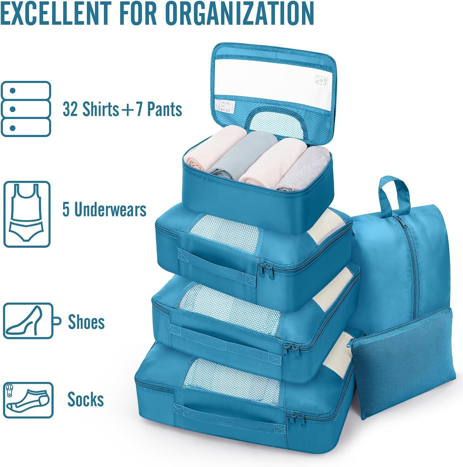 image:imageVeken 10 Set Packing Cubes for Travel Essentials Suitcase Organizer Bags in 4 Sizes CarryOn Luggage Accessories with Laundry Bag Airplane Must Have with 99Count Mesh Holes15 Ocean Blue