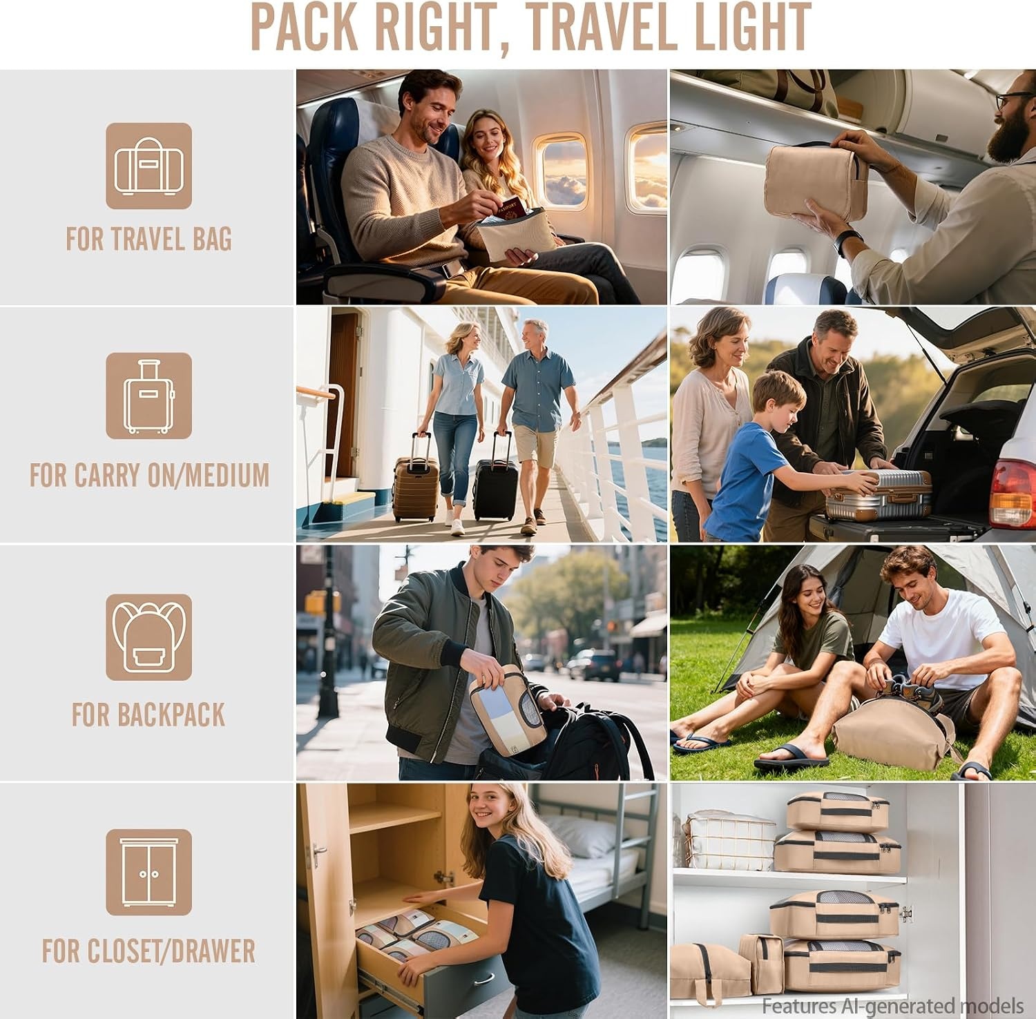 image:imageVeken 10 Set Packing Cubes for Travel Essentials Suitcase Organizer Bags in 4 Sizes CarryOn Luggage Accessories with Laundry Bag Airplane Must Have with 99Count Mesh Holes16 Gold