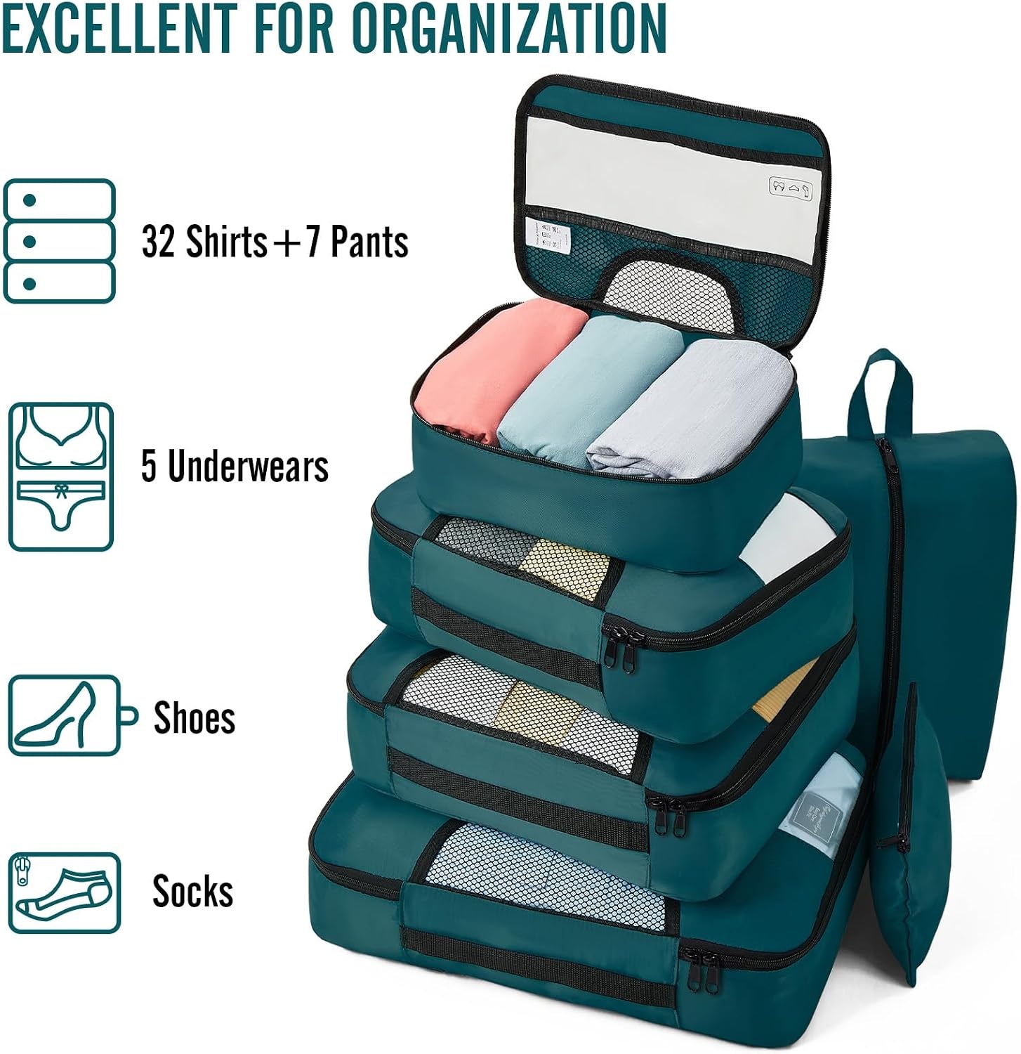image:imageVeken 10 Set Packing Cubes for Travel Essentials Suitcase Organizer Bags in 4 Sizes CarryOn Luggage Accessories with Laundry Bag Airplane Must Have with 99Count Mesh Holes03 Deep Teal