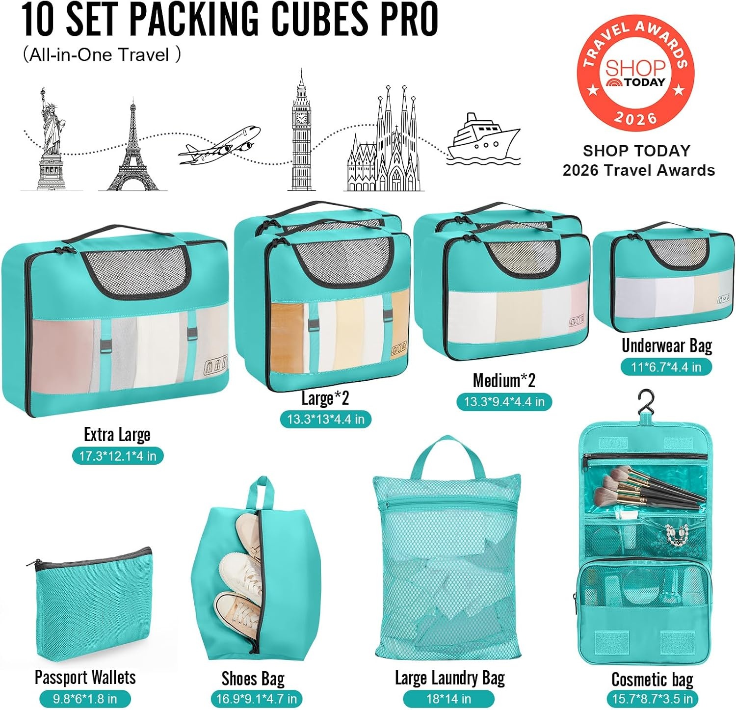 image:imageVeken 10 Set Packing Cubes for Travel Essentials Suitcase Organizer Bags in 4 Sizes CarryOn Luggage Accessories with Laundry Bag Airplane Must Have with 99Count Mesh Holes10 Teal