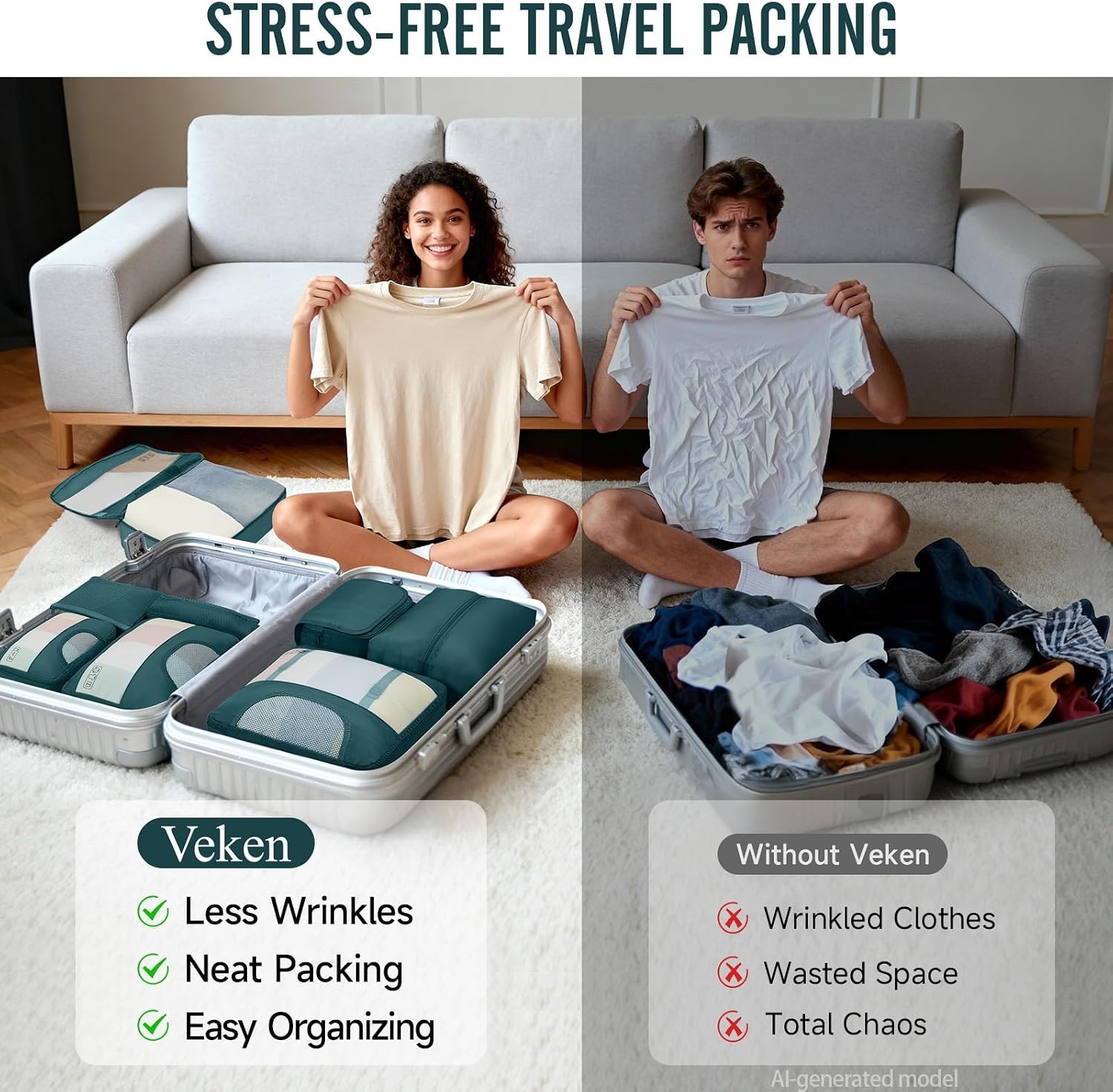 image:imageVeken 10 Set Packing Cubes for Travel Essentials Suitcase Organizer Bags in 4 Sizes CarryOn Luggage Accessories with Laundry Bag Airplane Must Have with 99Count Mesh Holes03 Deep Teal