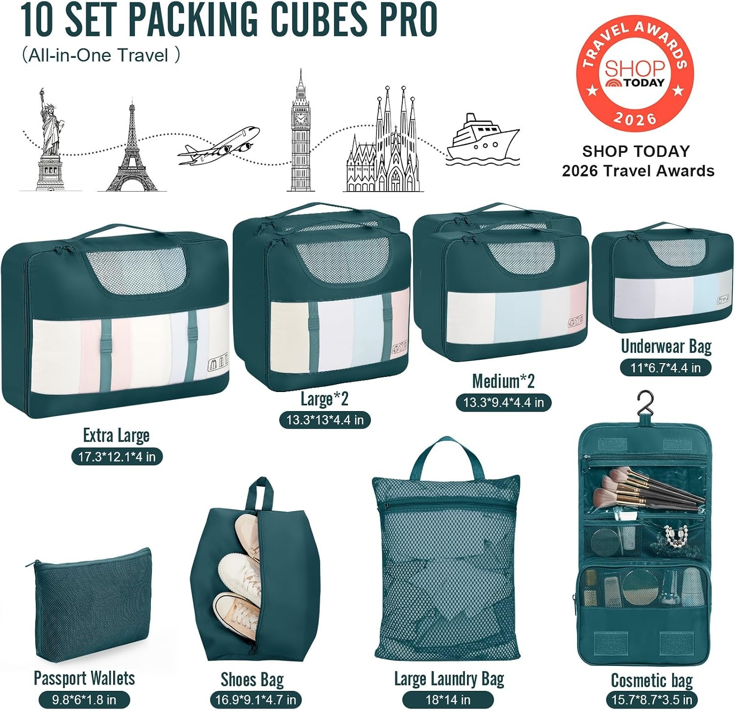 image:imageVeken 10 Set Packing Cubes for Travel Essentials Suitcase Organizer Bags in 4 Sizes CarryOn Luggage Accessories with Laundry Bag Airplane Must Have with 99Count Mesh Holes03 Deep Teal