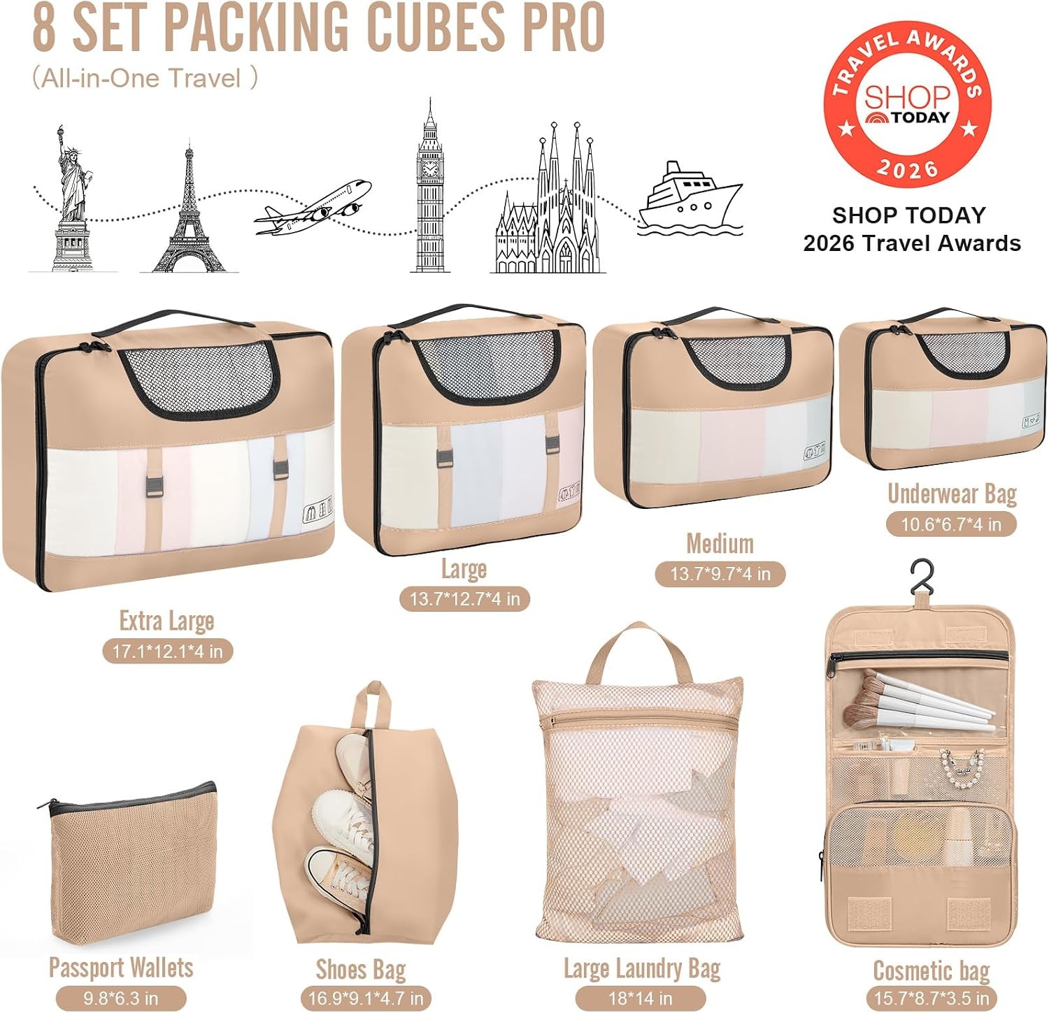 image:imageVeken 10 Set Packing Cubes for Travel Essentials Suitcase Organizer Bags in 4 Sizes CarryOn Luggage Accessories with Laundry Bag Airplane Must Have with 99Count Mesh Holes16 Gold