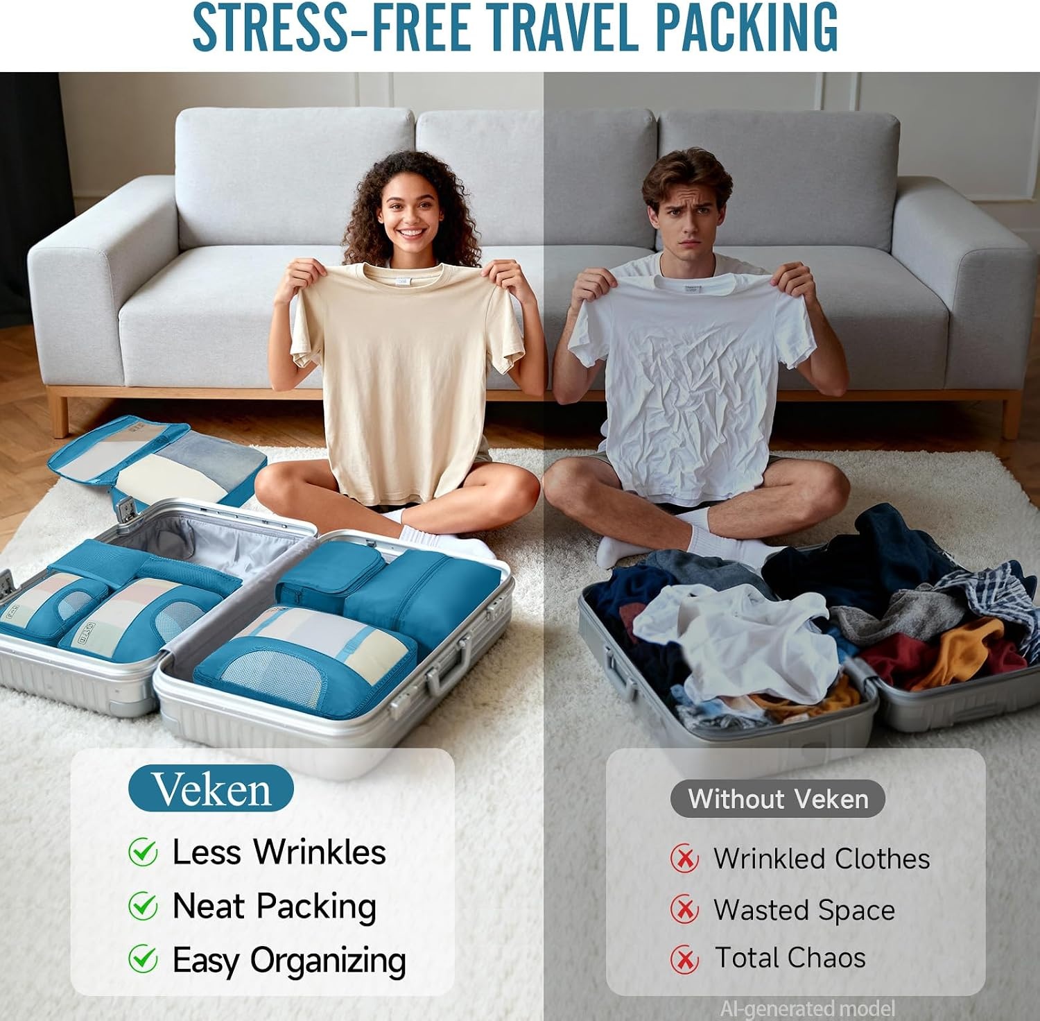 image:imageVeken 10 Set Packing Cubes for Travel Essentials Suitcase Organizer Bags in 4 Sizes CarryOn Luggage Accessories with Laundry Bag Airplane Must Have with 99Count Mesh Holes15 Ocean Blue
