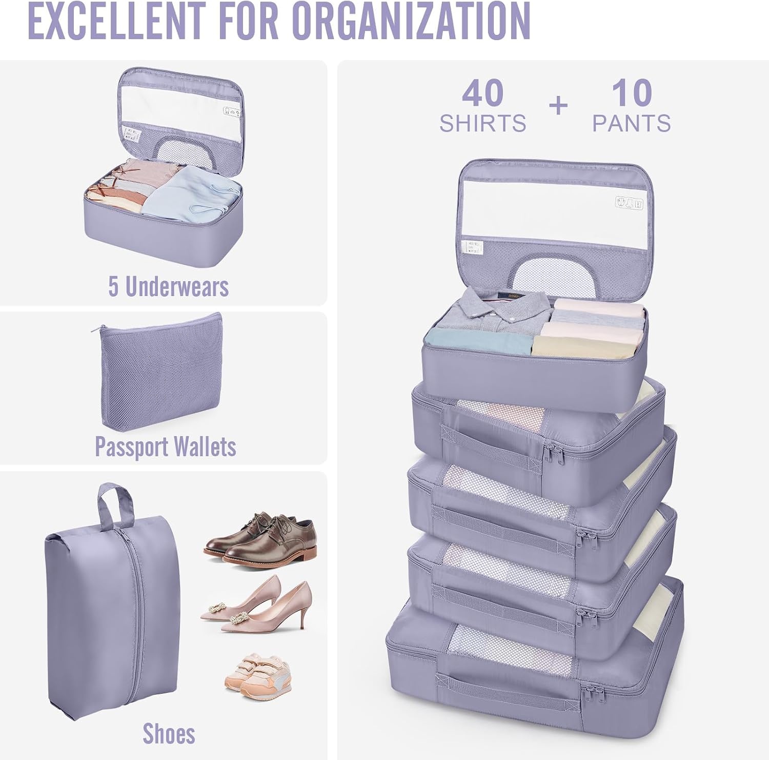 image:imageVeken 10 Set Packing Cubes for Travel Essentials Suitcase Organizer Bags in 4 Sizes CarryOn Luggage Accessories with Laundry Bag Airplane Must Have with 99Count Mesh Holes04 Purple Gray