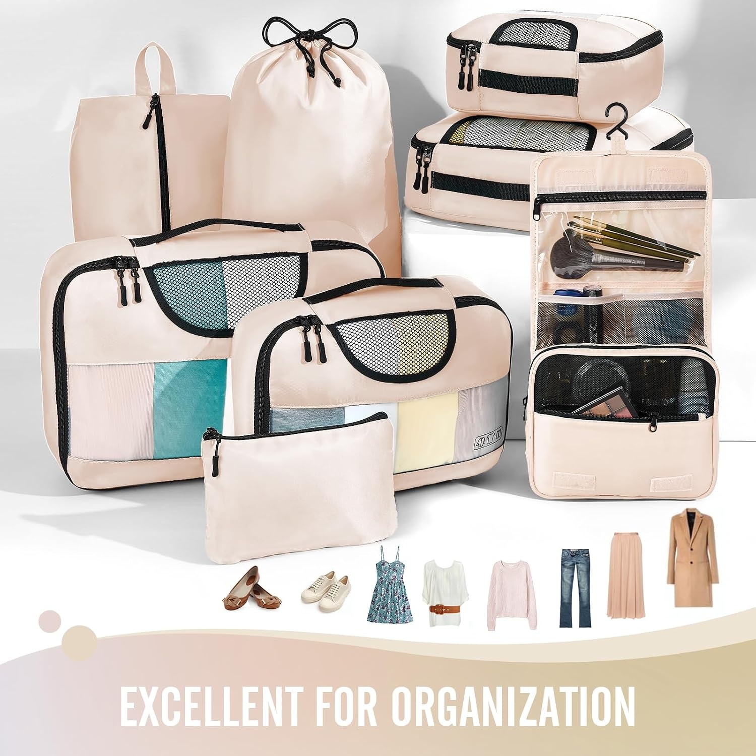 image:imageVeken 10 Set Packing Cubes for Travel Essentials Suitcase Organizer Bags in 4 Sizes CarryOn Luggage Accessories with Laundry Bag Airplane Must Have with 99Count Mesh Holes01 Cream