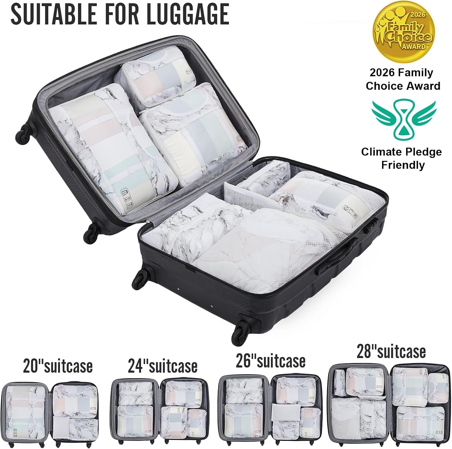 image:imageVeken 10 Set Packing Cubes for Travel Essentials Suitcase Organizer Bags in 4 Sizes CarryOn Luggage Accessories with Laundry Bag Airplane Must Have with 99Count Mesh Holes14 White Marble