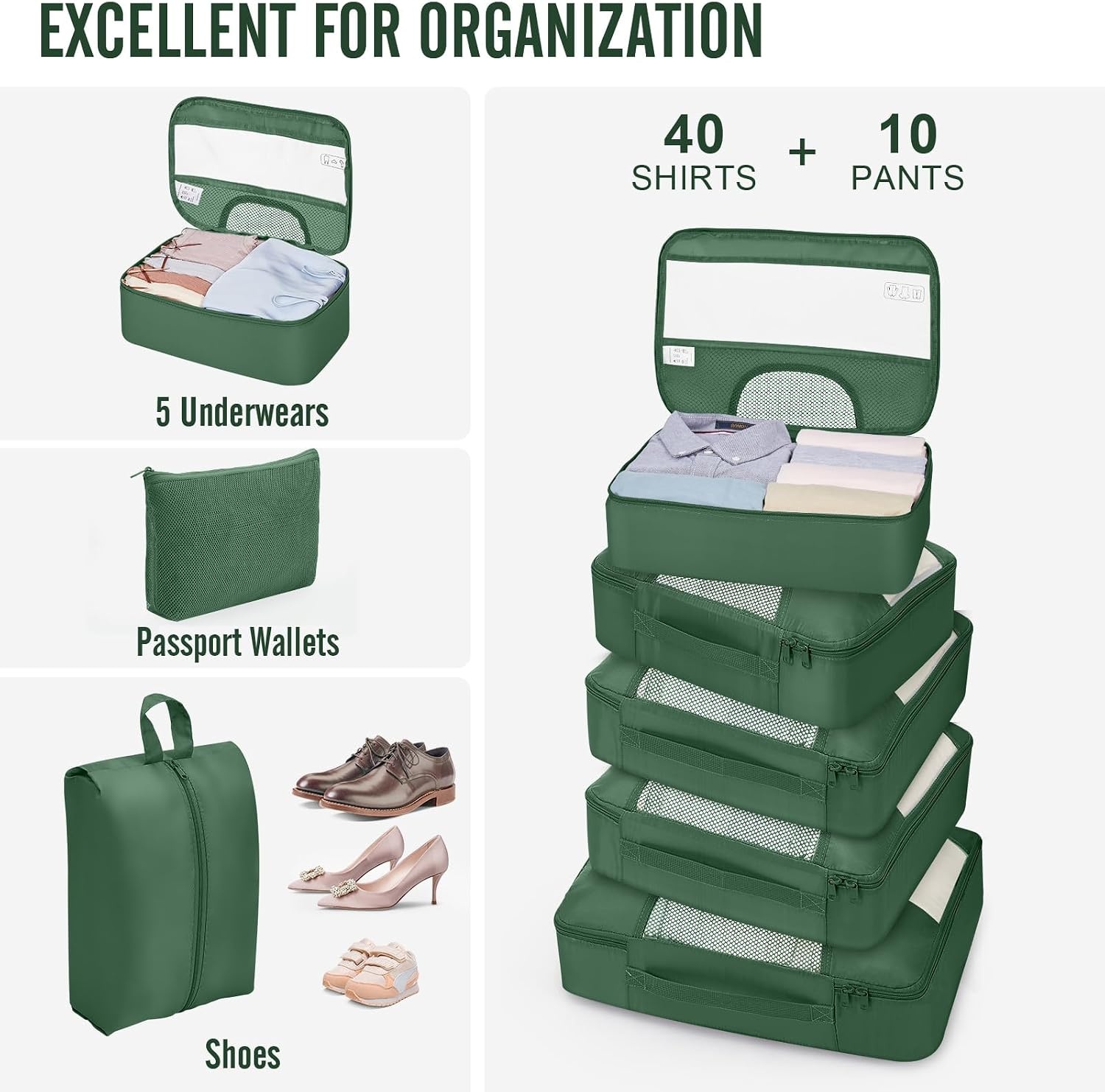 image:imageVeken 10 Set Packing Cubes for Travel Essentials Suitcase Organizer Bags in 4 Sizes CarryOn Luggage Accessories with Laundry Bag Airplane Must Have with 99Count Mesh Holes11 Jungle Green
