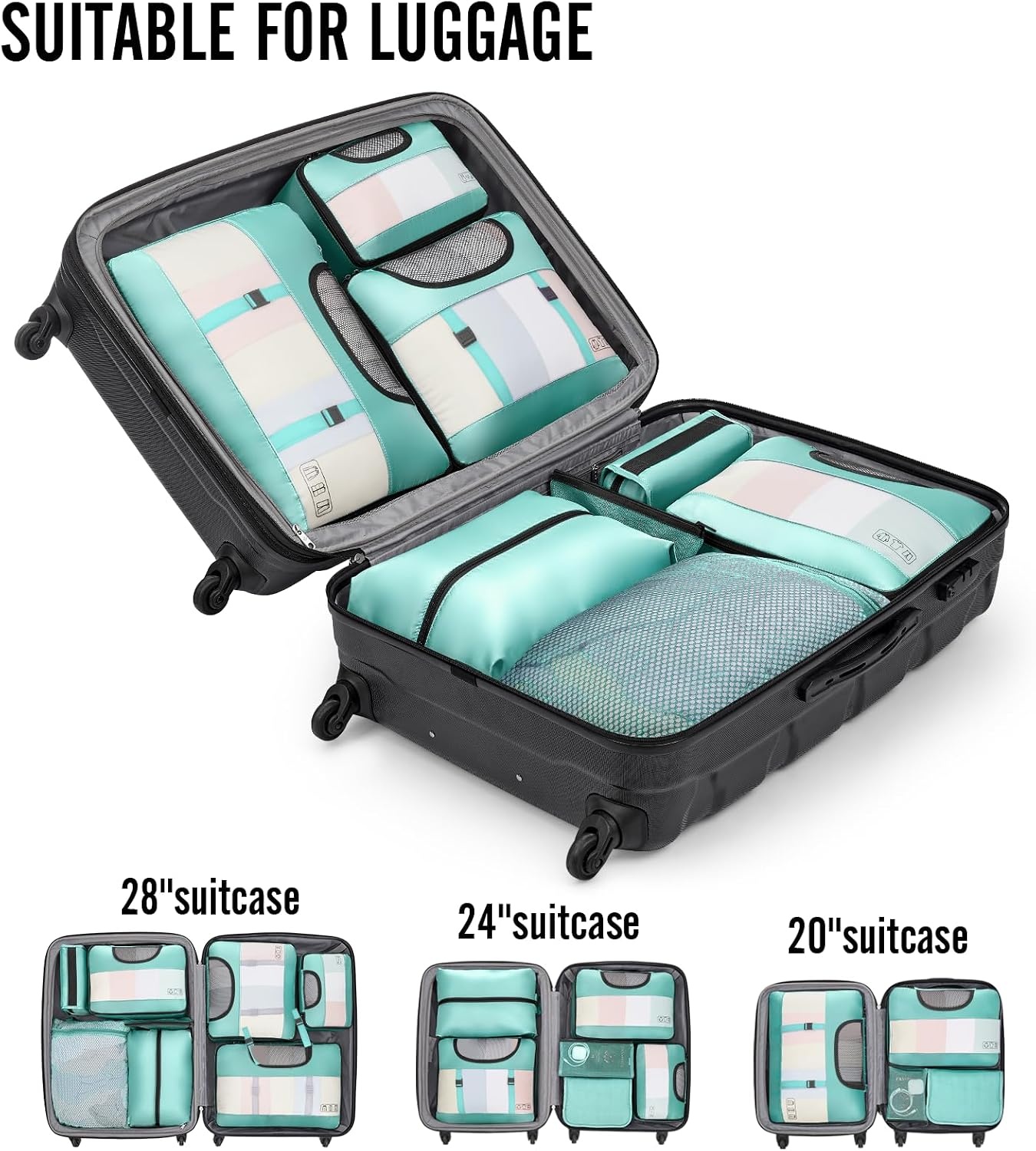image:imageVeken 10 Set Packing Cubes for Travel Essentials Suitcase Organizer Bags in 4 Sizes CarryOn Luggage Accessories with Laundry Bag Airplane Must Have with 99Count Mesh Holes08 Light Teal