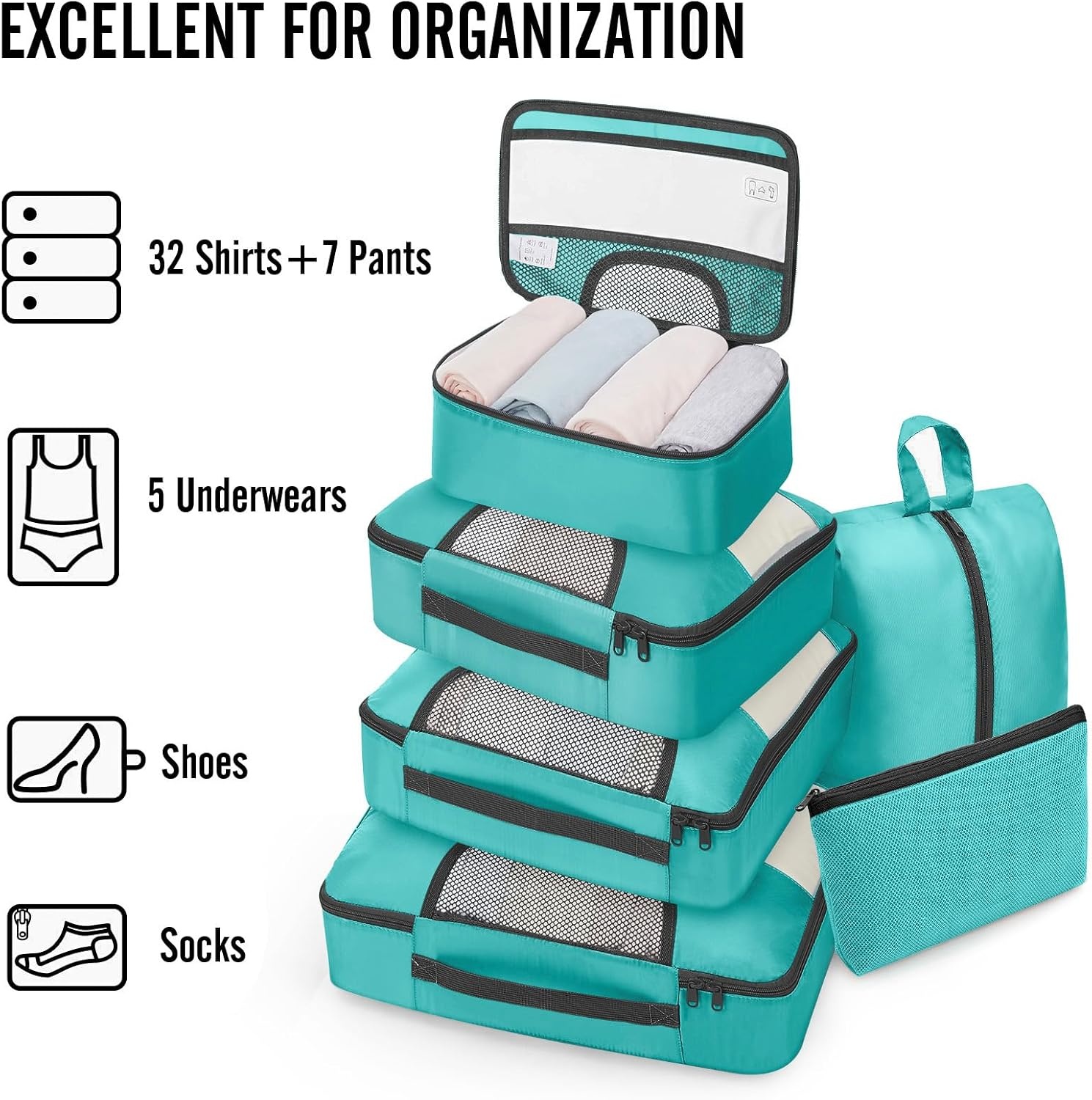 image:imageVeken 10 Set Packing Cubes for Travel Essentials Suitcase Organizer Bags in 4 Sizes CarryOn Luggage Accessories with Laundry Bag Airplane Must Have with 99Count Mesh HolesTeal