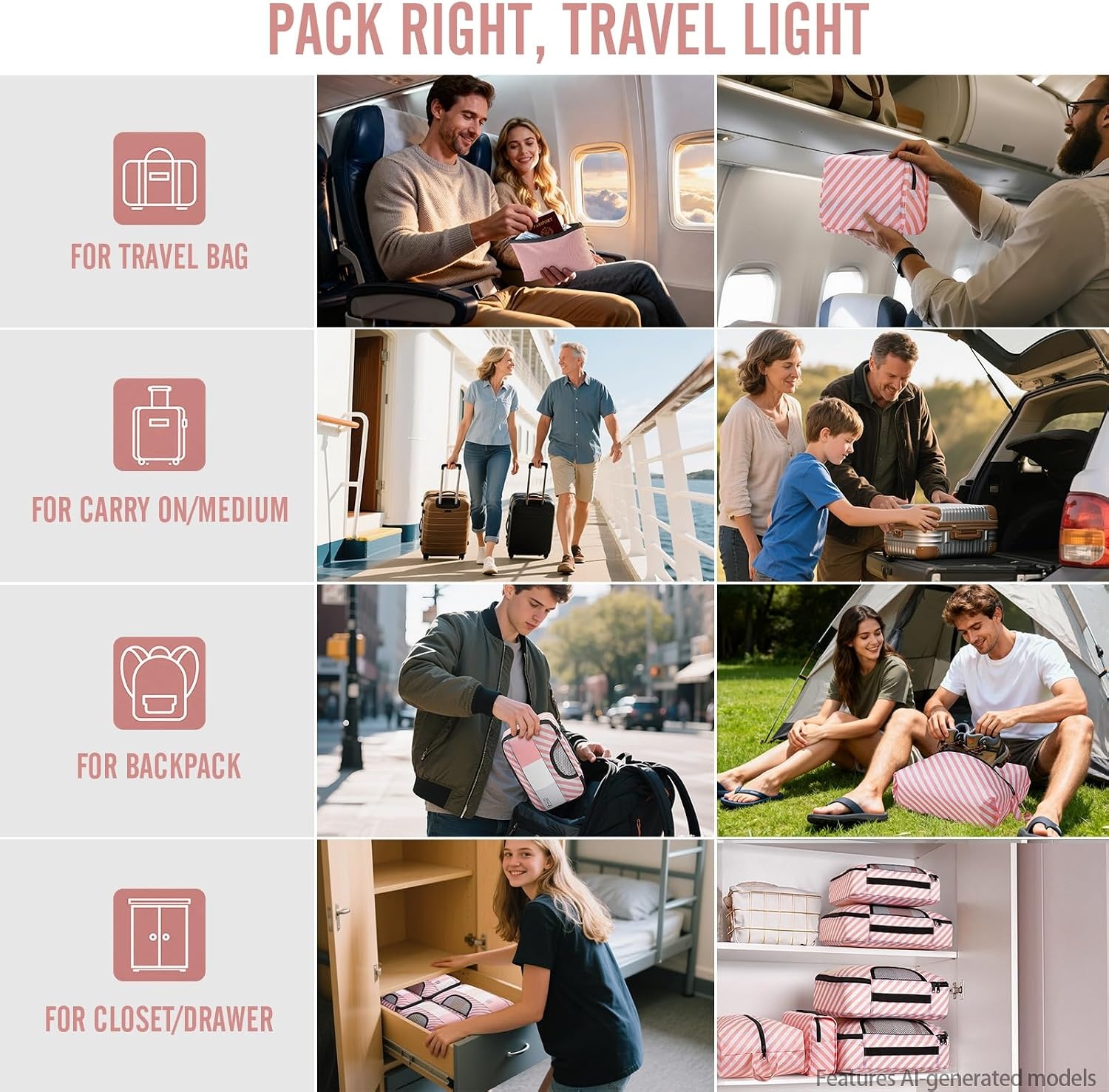 image:imageVeken 10 Set Packing Cubes for Travel Essentials Suitcase Organizer Bags in 4 Sizes CarryOn Luggage Accessories with Laundry Bag Airplane Must Have with 99Count Mesh Holes09 Pink Straps