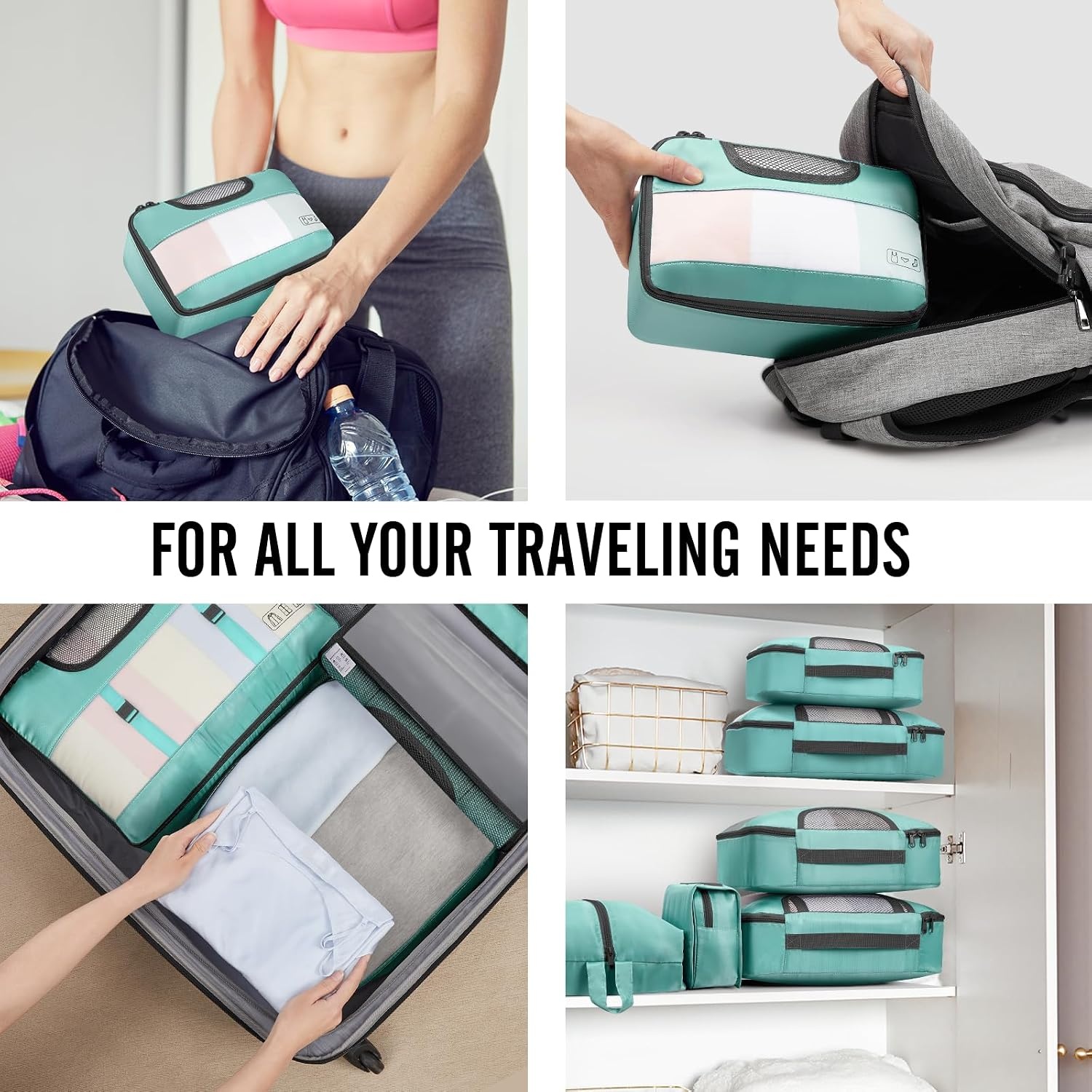 image:imageVeken 10 Set Packing Cubes for Travel Essentials Suitcase Organizer Bags in 4 Sizes CarryOn Luggage Accessories with Laundry Bag Airplane Must Have with 99Count Mesh Holes08 Light Teal