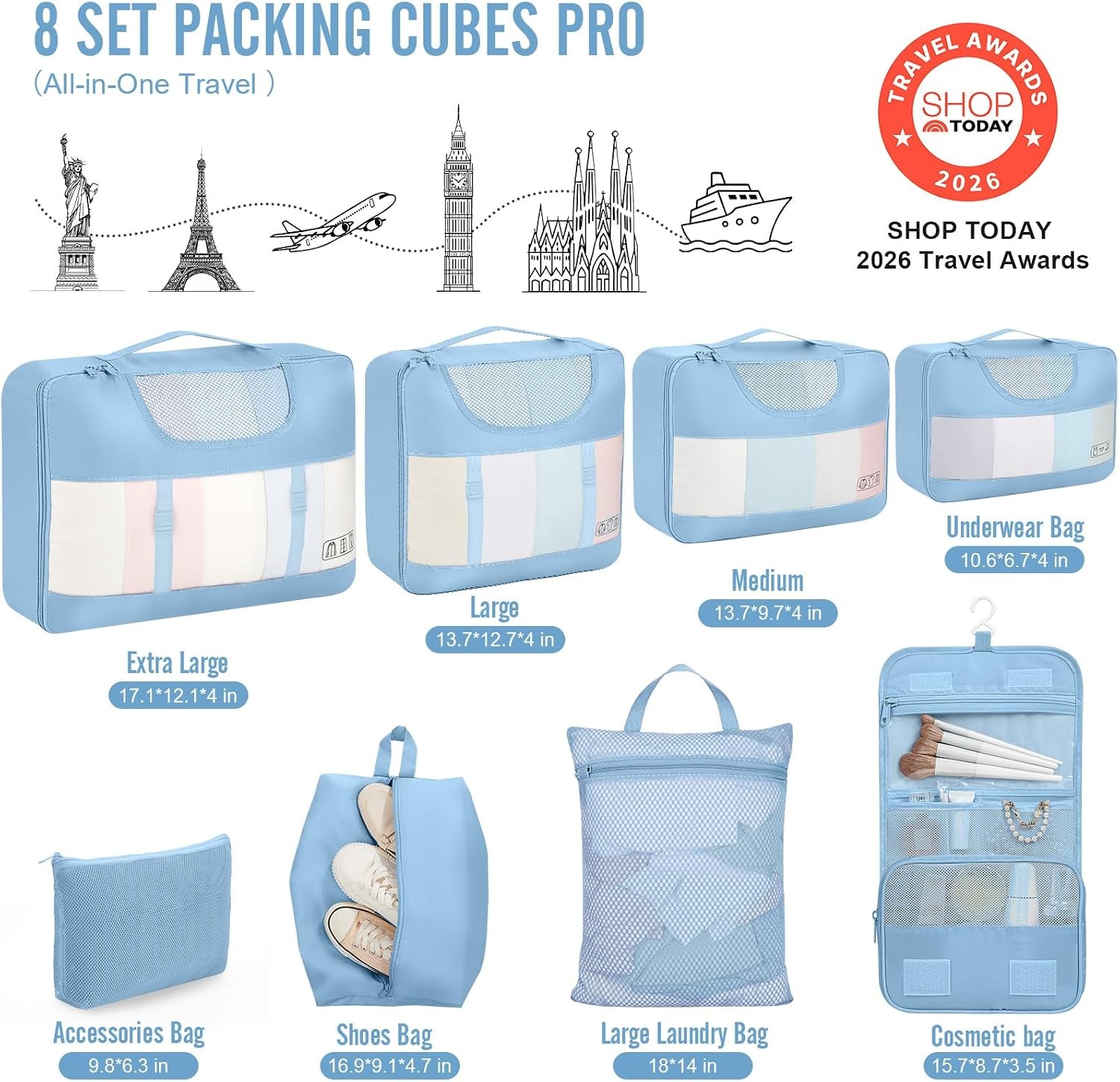 image:imageVeken 10 Set Packing Cubes for Travel Essentials Suitcase Organizer Bags in 4 Sizes CarryOn Luggage Accessories with Laundry Bag Airplane Must Have with 99Count Mesh Holes06 Starlight Bluen