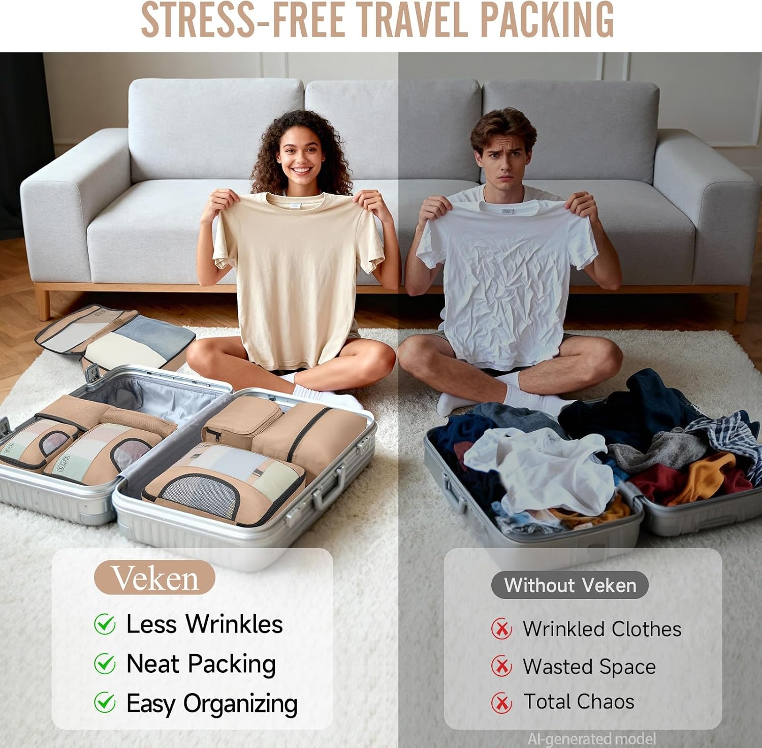 image:imageVeken 10 Set Packing Cubes for Travel Essentials Suitcase Organizer Bags in 4 Sizes CarryOn Luggage Accessories with Laundry Bag Airplane Must Have with 99Count Mesh Holes16 Gold