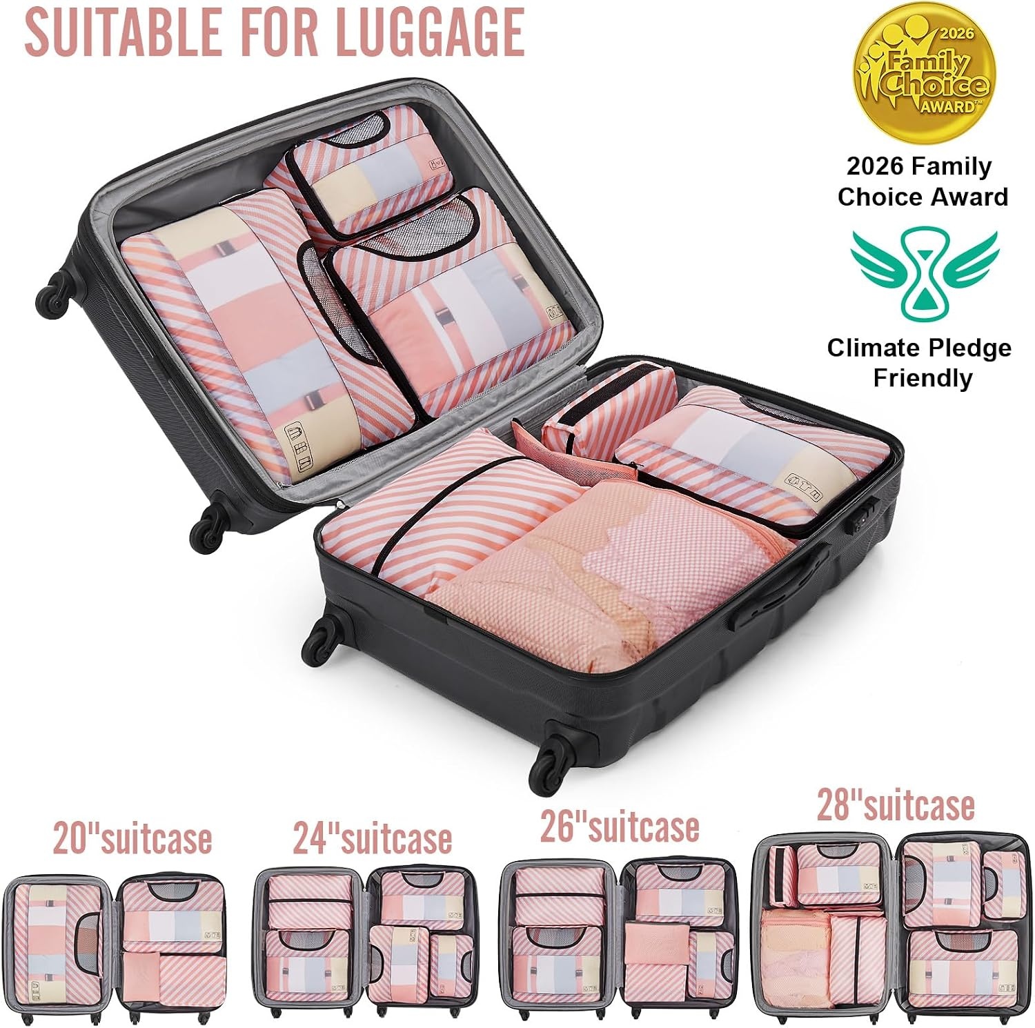 image:imageVeken 10 Set Packing Cubes for Travel Essentials Suitcase Organizer Bags in 4 Sizes CarryOn Luggage Accessories with Laundry Bag Airplane Must Have with 99Count Mesh Holes09 Pink Straps