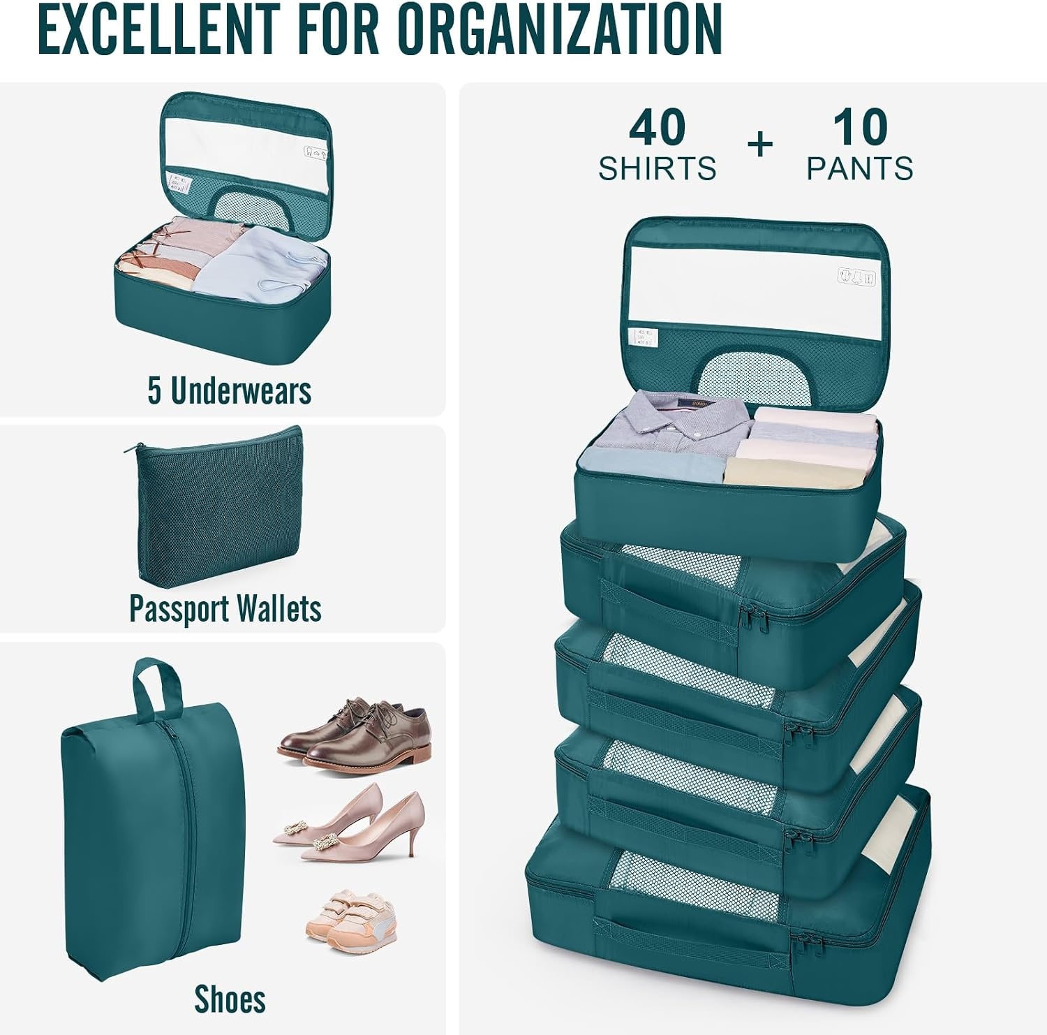image:imageVeken 10 Set Packing Cubes for Travel Essentials Suitcase Organizer Bags in 4 Sizes CarryOn Luggage Accessories with Laundry Bag Airplane Must Have with 99Count Mesh Holes03 Deep Teal